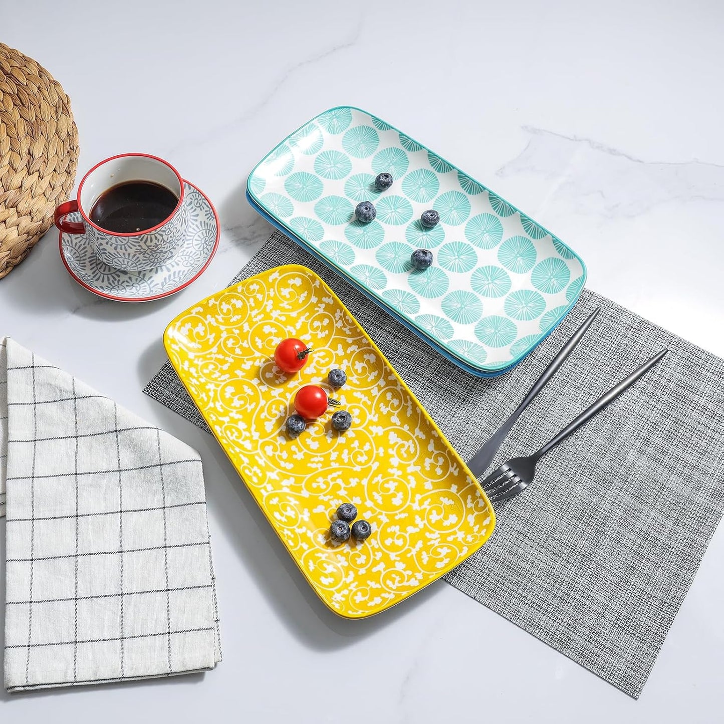 Selamica Ceramic Serving Platters, 12 Inch Serving Trays for Party Entertaining, Large Rectangular Serving Plates, Set of 6, Assorted Colors