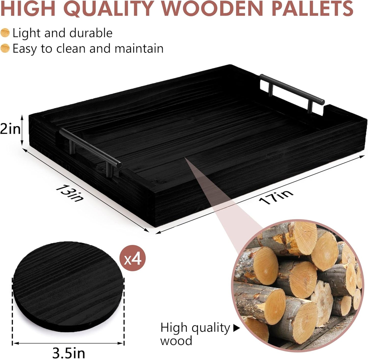 Ottoman Serving Tray | Decorative Coffee Table Tray with Handles – 17x13 Inch Wooden Tray with 4 Coasters for Breakfast, Kitchen & Bar