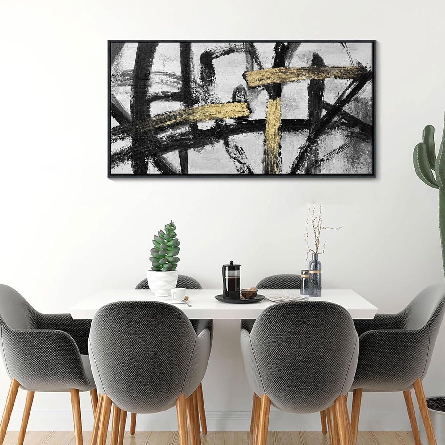 CHATYOUNG Large Framed Wall Art, Black and White Gold Graffiti Modern Abstract Paintings Hand Drawn Textures Canvas Prints Wall Pictures for Bedroom Living Room Office Decor 24 x 48 In