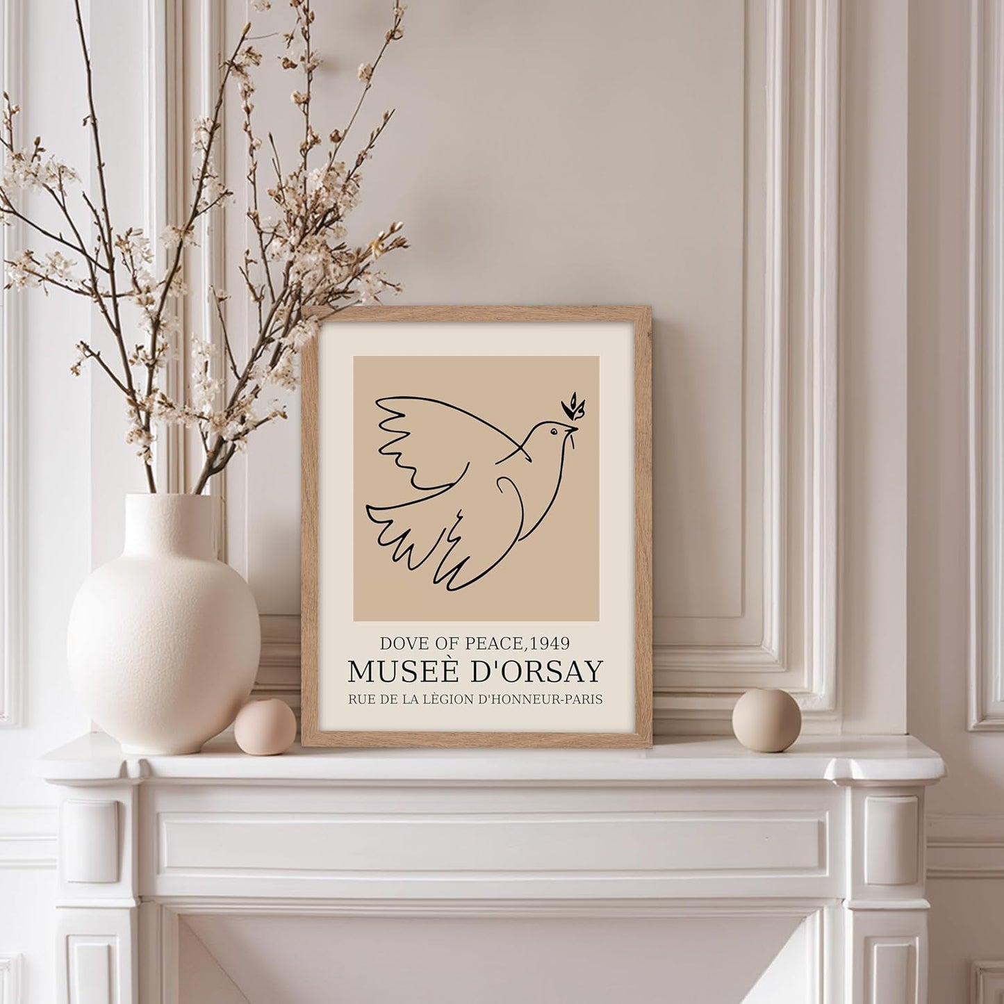 Poster Master Vintage Poster - Retro Minimalist Print - Gift for Artist, Friend - Dove Of Peace, Line Drawing, Sketch, Abstract - Wall Decor for Living Room, Bedroom, 8x10 Beige Framed