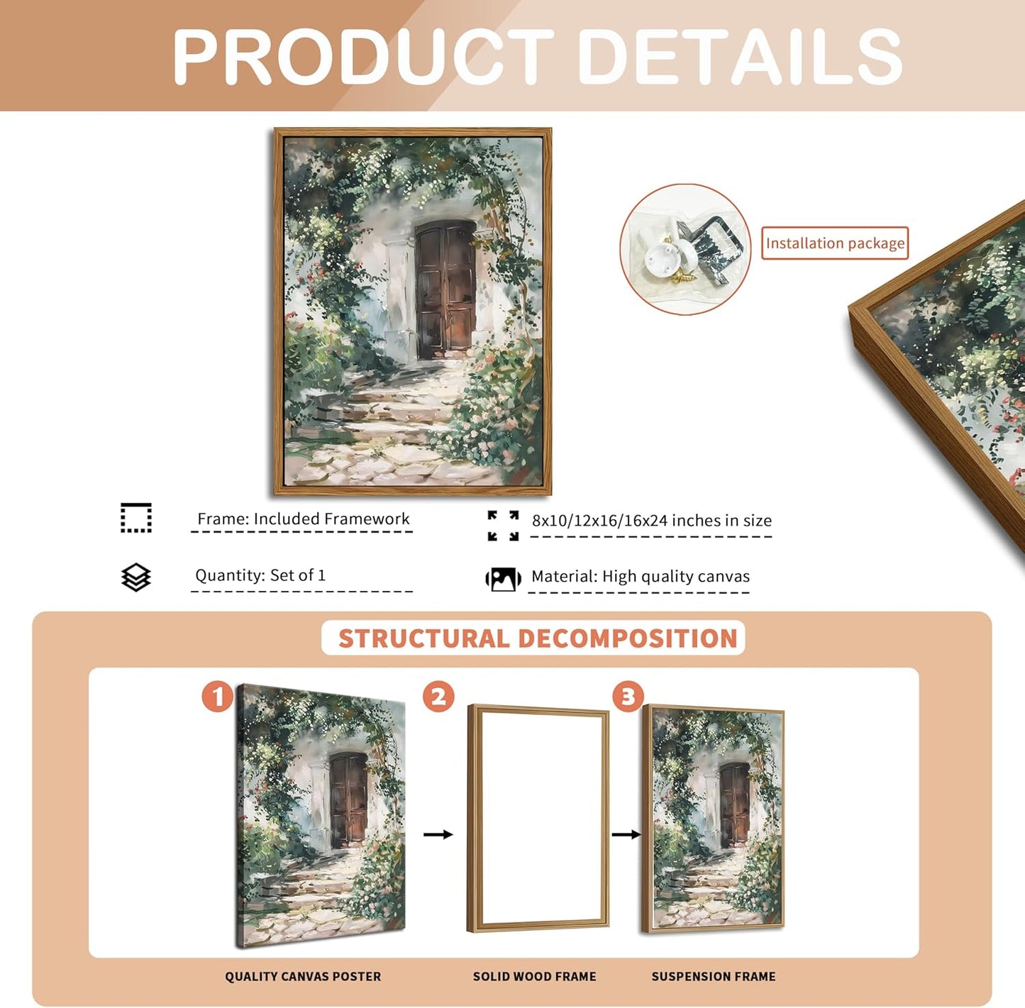 Floating Framed Canvas Vintage Wall Art, Rustic Cottage Spring Garden Oil Paintings Print, Country Floral Pictures Wall Decor for Living Room Bedroom Office Home Decor 16x24 inch