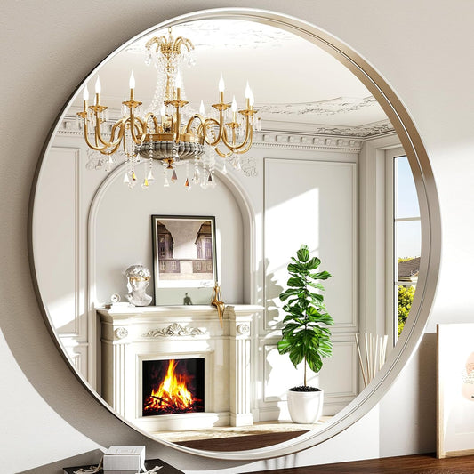 30 Inch Round Bathroom Mirror - Wall Mounted Circle Mirror with Metal Frame, Modern Mirror Suitable for Bathroom, Vanity, Entryway, Living Room, Wall Decor,Silver