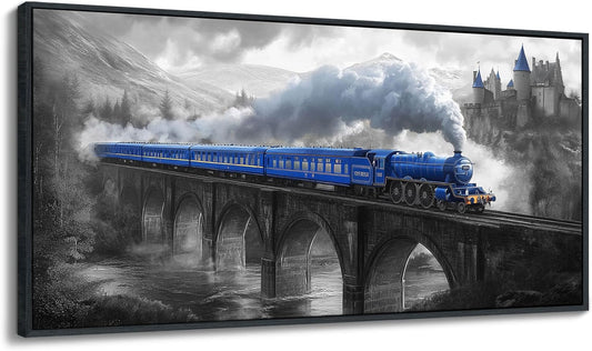 JEAWA Framed Canvas Wall Art - 20x40 IN Blue White Gray Landscape Wall Decor, Picture with Castle Bridge Train, Art Prints for Living Room Bedroom Bathroom Home Decoration