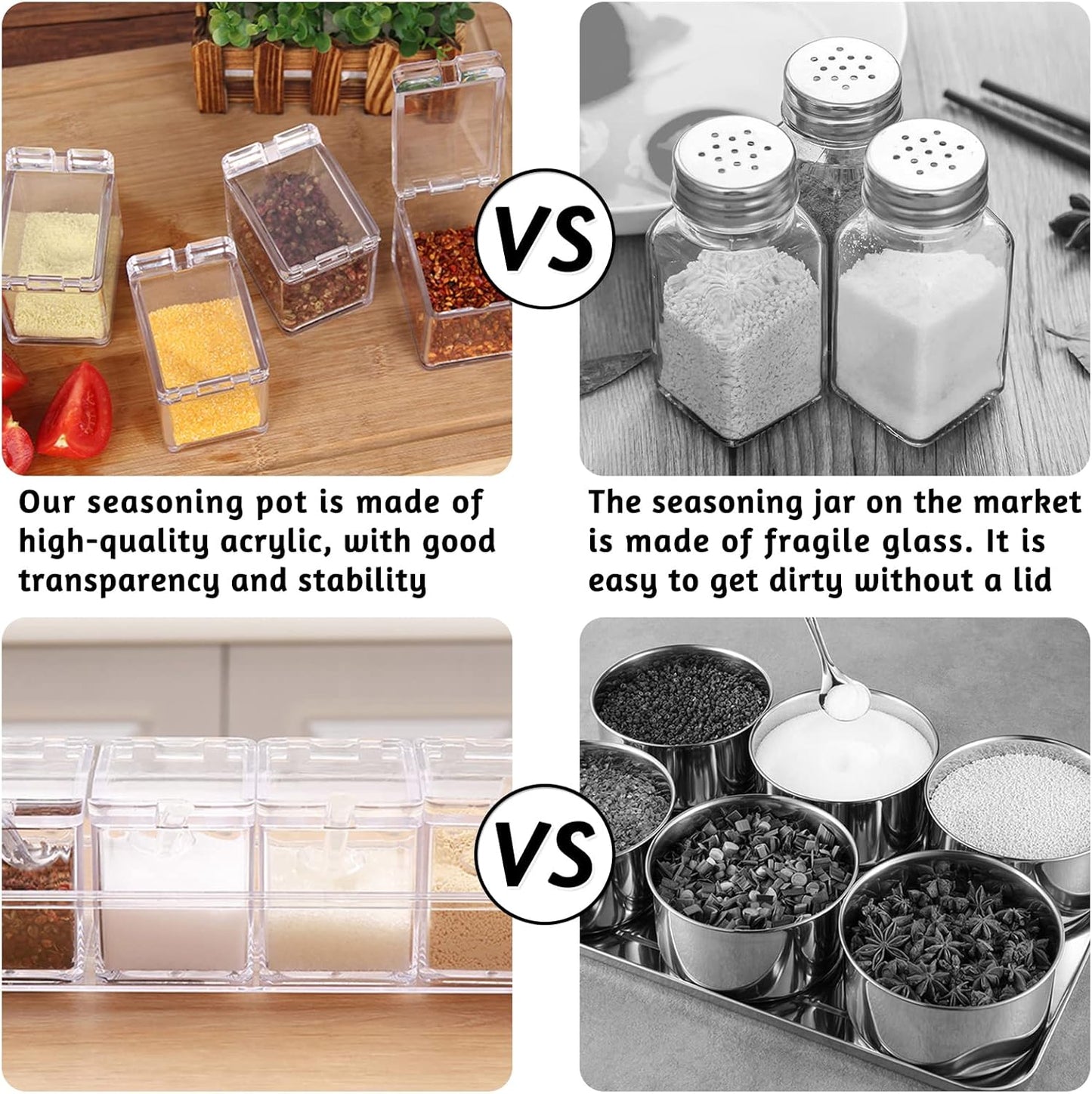 4 PCS Seasoning Box, Clear Spice Containers with Spoon, Acrylic Toppings Containers with Lids, Kitchen Multi Spice Box for Salt, Sugar, Pepper, Garlic Powder