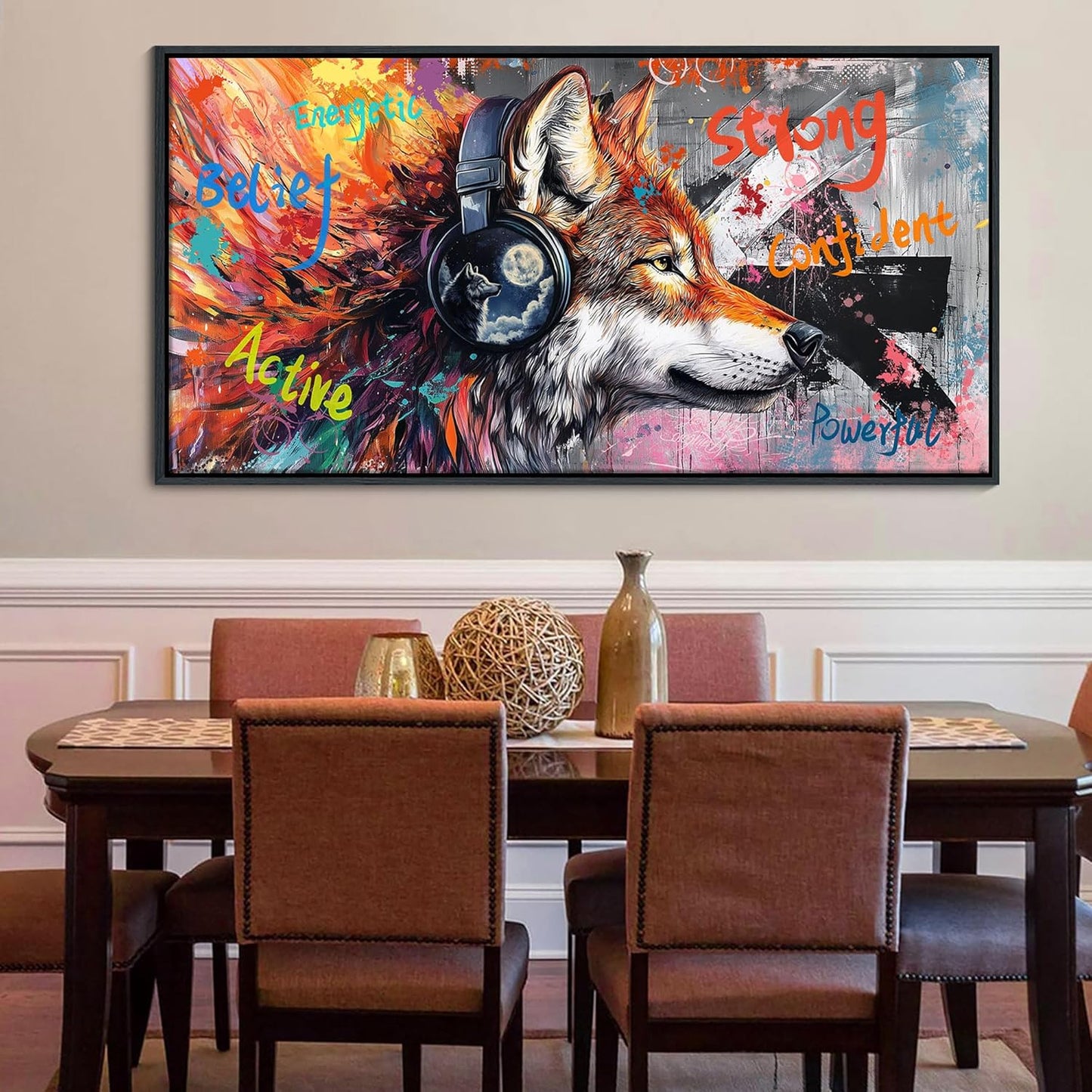 JEAWA Framed Canvas Wall Art, Large Modern Graffiti Street Art Wolf with Headphones Funny 24x48 IN Pictures Print Painting for Living Room Bedroom Office Men Teen Boy Room Home Decor Birthday Gift