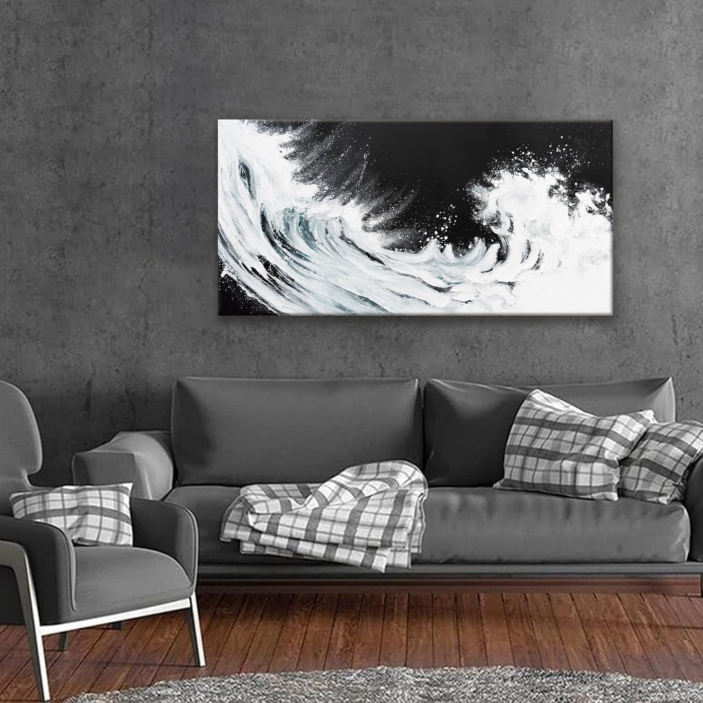 Black Abstract Wall Art Living Room Abstract Painting Wall Decor Modern 24"X 48" Canvas Art Wall Decor Black White Ocean Waves Wall Art Canvas Prints Artwork Pictures For Bedroom Kitchen Artwork