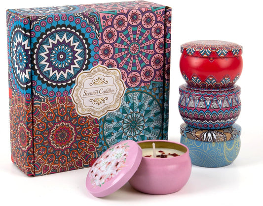 Aromatherapy Soy Candles Gift Set for Women – 4 Pack Scented Candle Set with Lavender, Rose, Jasmine & Freesia, Relaxing Stress Relief Gifts, Mother’s Day, Christmas,Small Candles for Gifts