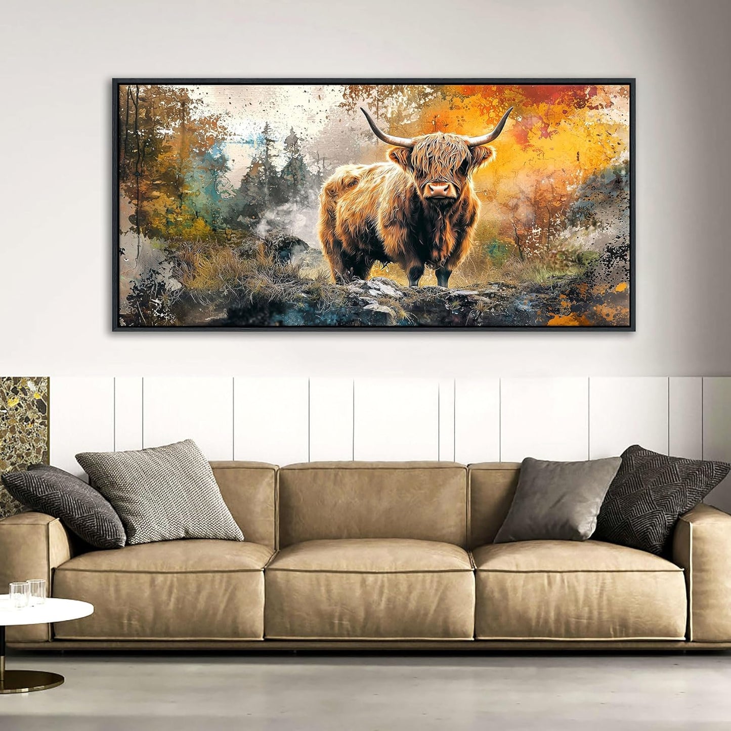QZQCBLC Large Framed Wall Art, Vintage Rustic Abstract Landscape Canvas Wall Pictures Highland Cow Canvas Print Paintings Artwork for Living room Bedroom kitchen Home Office Decor 29x58 IN
