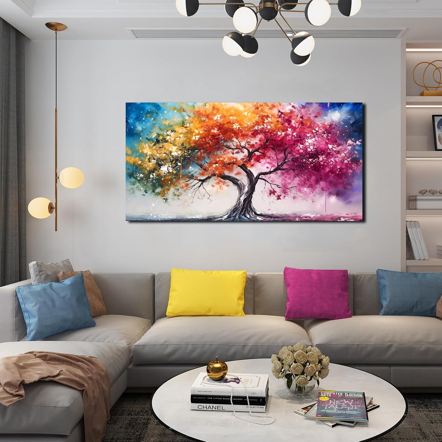 Alsingbago Large Colorful Tree Canvas Wall Art for Living Room Bedroom Home Office Orange and Pink Tree Picture Modern Artwork Ready to Hang Size 24x48