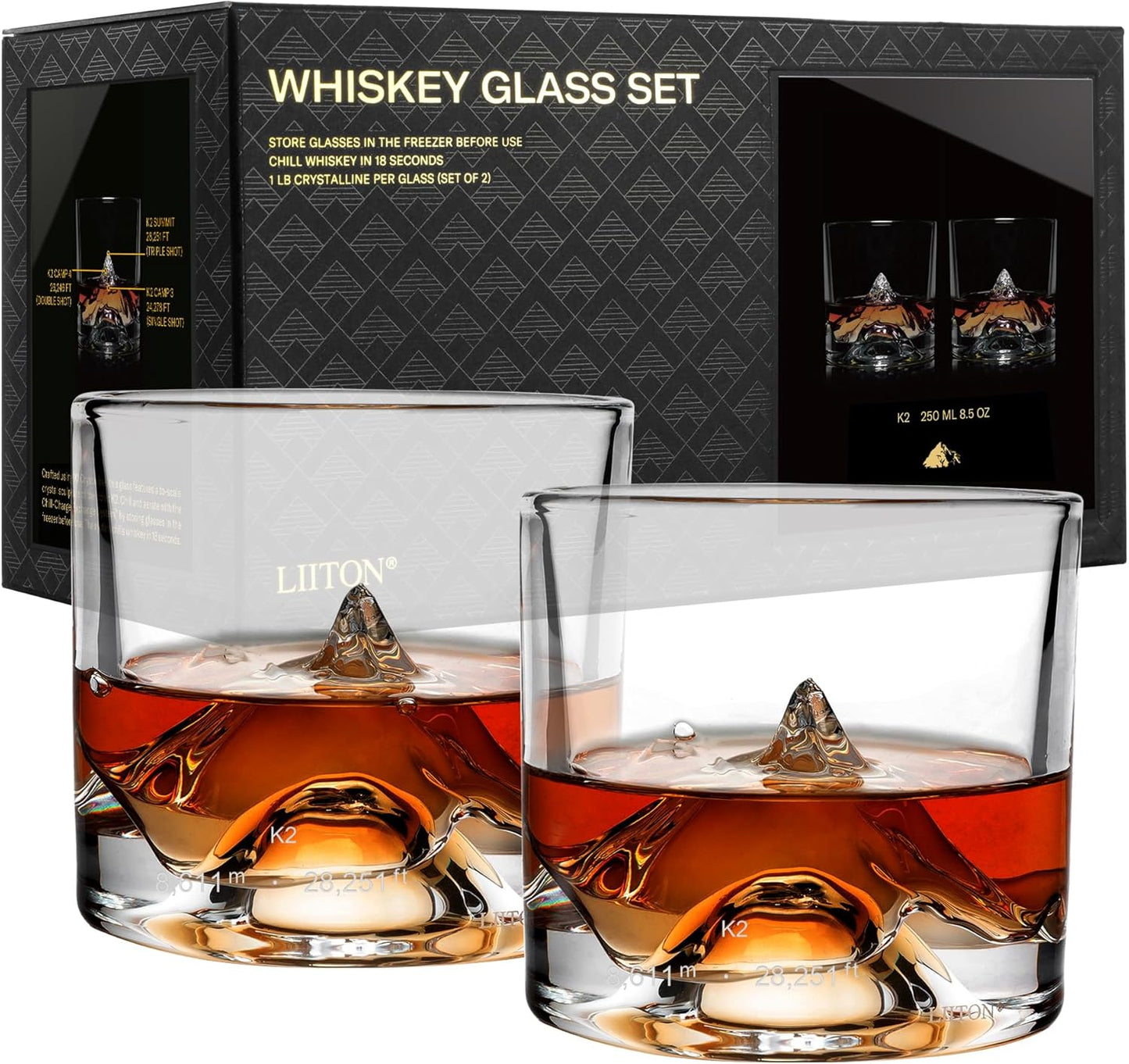 K2 Nepalese Heavy Crystal Whiskey Glasses Gift Set of 2, Thick Freezable Bourbon Glass 1lb Each, Premium Whiskey Gifts for Men, Frozen Crystal Chills Cocktails, 10 oz