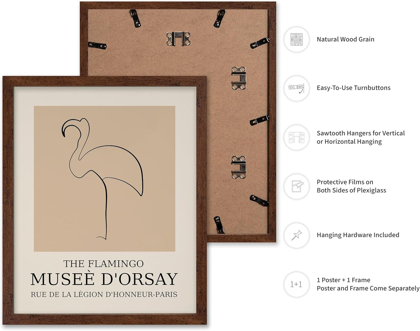 Poster Master Vintage Poster - Retro Minimalist Print - Gift for Artist, Housewarming - Flamingo, Line Drawing, Sketch, Abstract - Wall Decor for Living Room, Bedroom, 8x10 Brown Framed