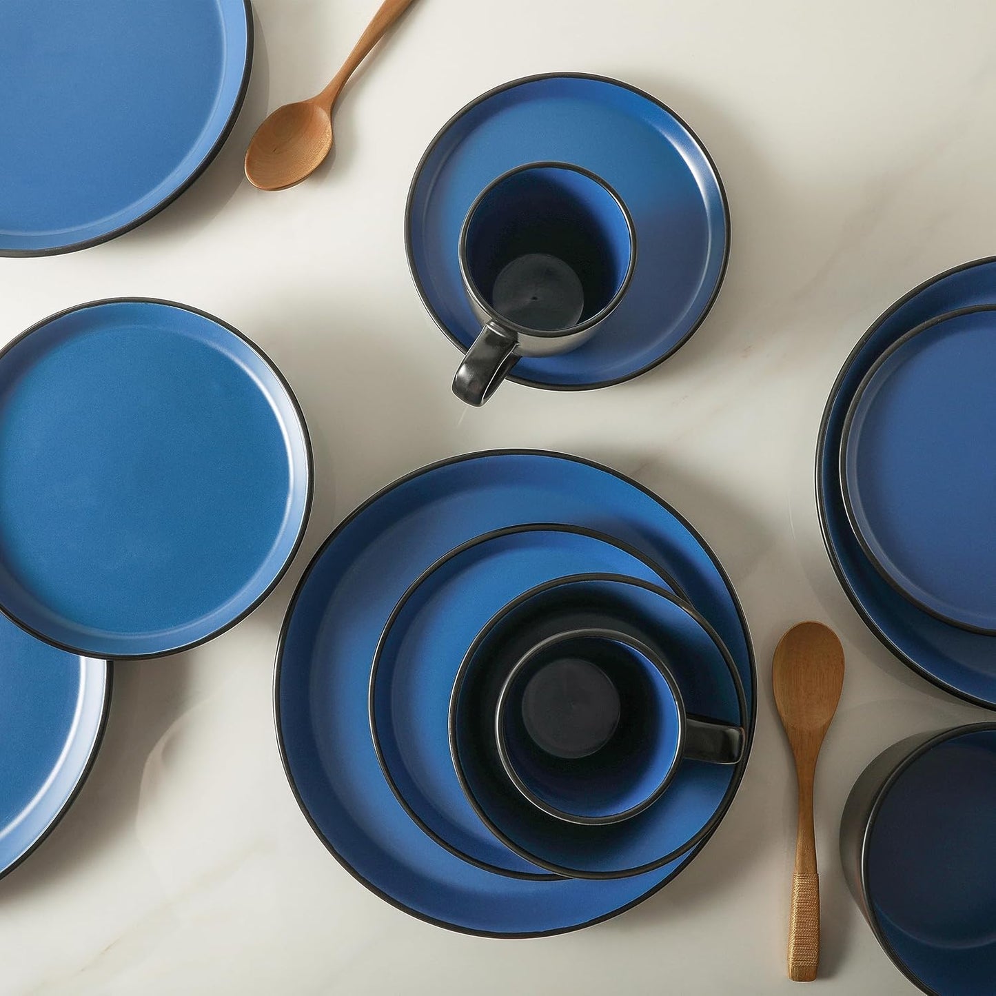 Stone Lain Albie Stoneware 32-Piece Modern Dinnerware Set, Kitchen Plates and Bowls Sets, Dish Set for 8, Blue and Black