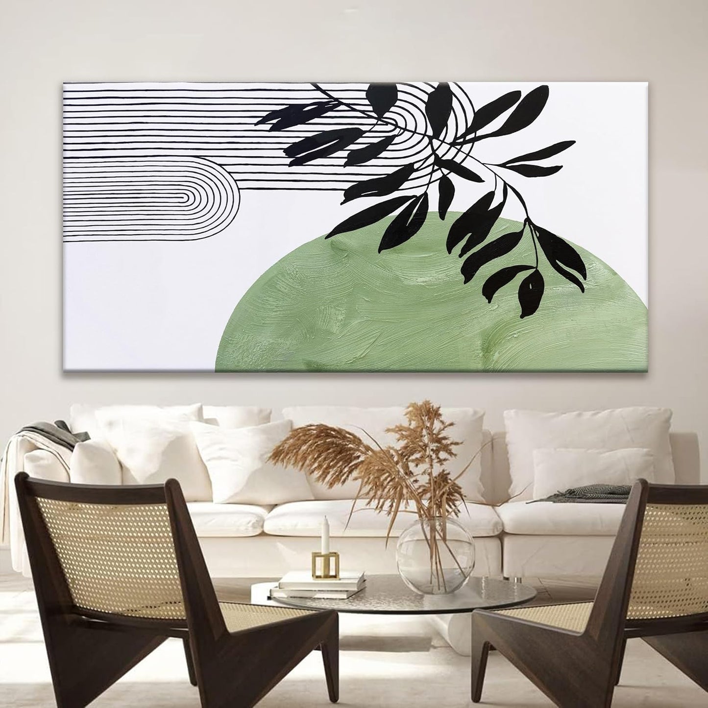 TAIJXAGSG Large Boho Green Wall Art For Living Room Century Modern Canvas Art Wall Decor Picture Painting Aesthetics Botanical Abstract Art Prints Bedroom Office Wall Hanging Decor 29x58 In