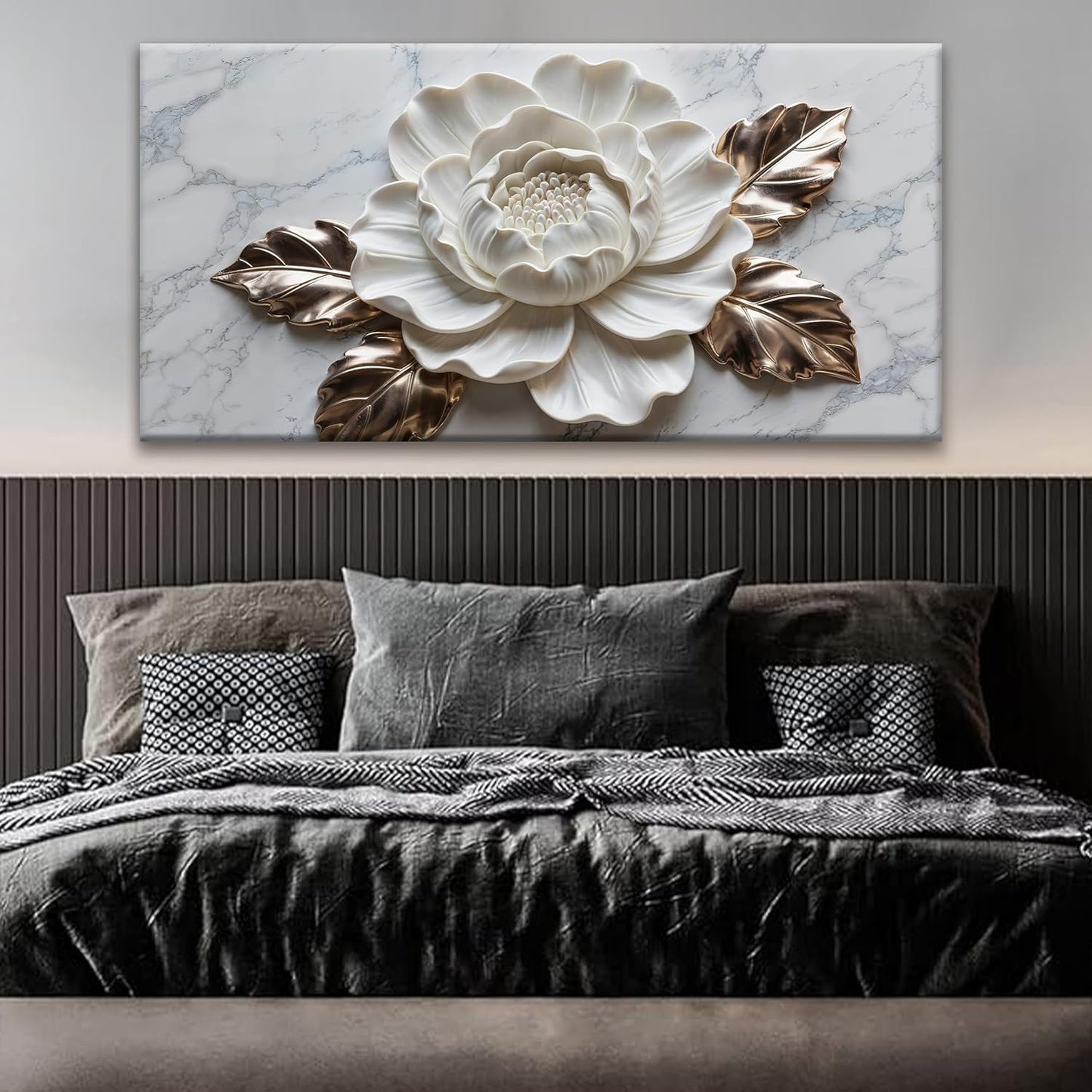 Wall Art Living Room Marble Texture Wall Art Modern White Flower Canvas Art Wall Decor Home Wall Decor Suitable Pictures For Bedroom Apartment Office Can Be Hung 24" × 48"