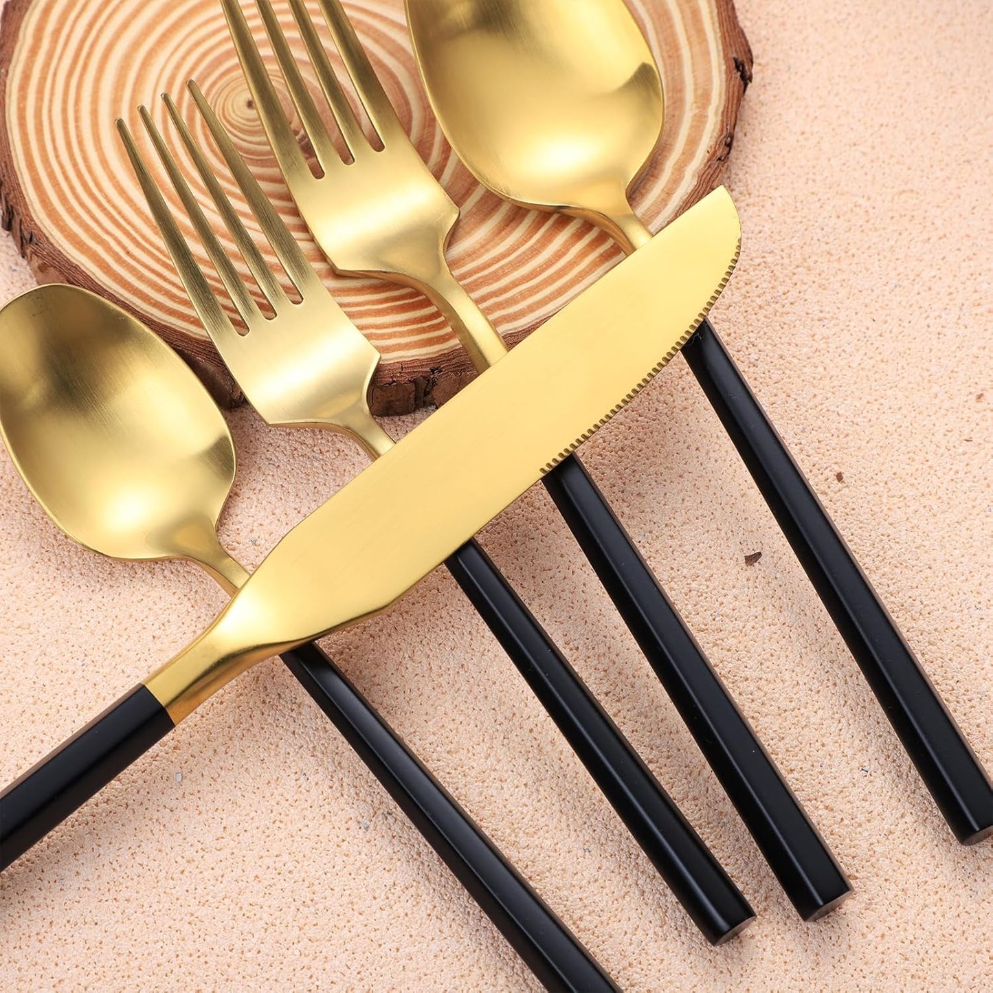 Matte Silverware Set Gold Flatware Set with Hexagon Handle 20 Pieces 18/0 Stainless Steel Cutlery Set Wedding Housewarming Gift Service for 4 (Matt black gold)
