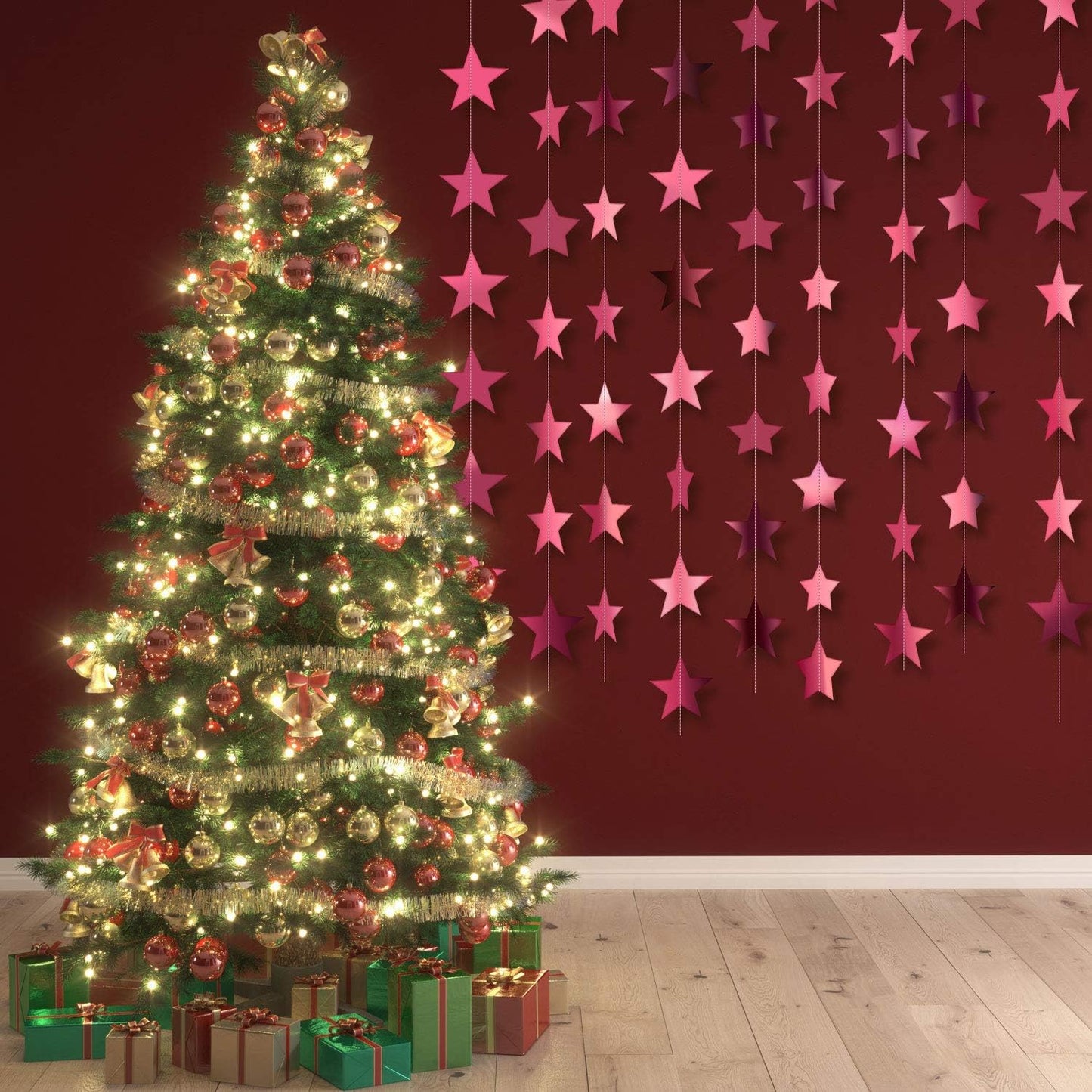 Patelai Glitter Star Garland Banner Decor 130 Feet Star Hanging Bunting Banner Twinkle Backdrop for Homecoming Classroom Wedding Birthday Halloween Christmas Party Supplies(Rose Pink)