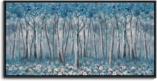 DUNHUANG ART Blue Tree Canvas Wall Art - Large Size Teal Abstract Painting for Home Office Living Room Bedroom Bathroom - Black Framed - Wall Decor Living Room 20"x40"
