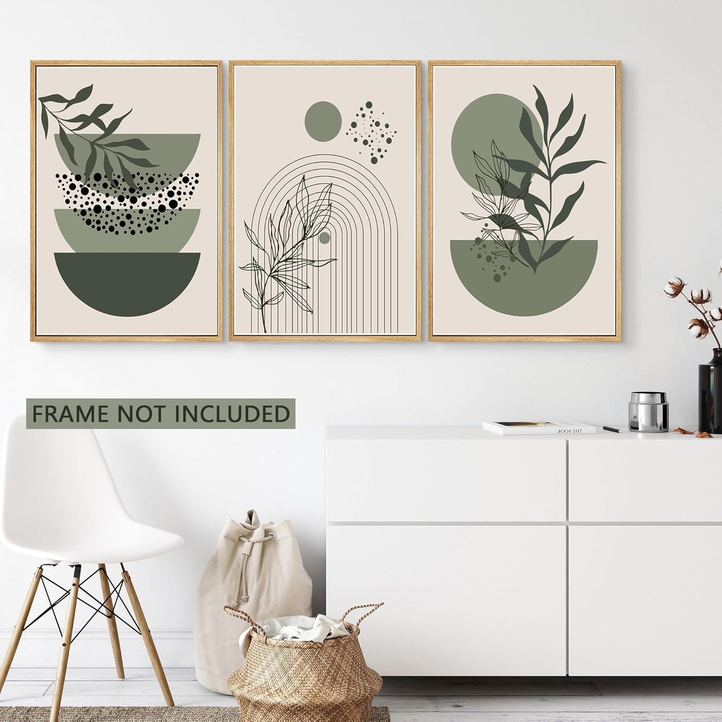 Sage Green Boho Wall Art Set of 3 Abstract Minimalist Geometric Line Poster Green Botanical Leaf Canvas Prints Modern Artwork Painting Decor for Living Room Bedroom Office 12x16 in Unframed