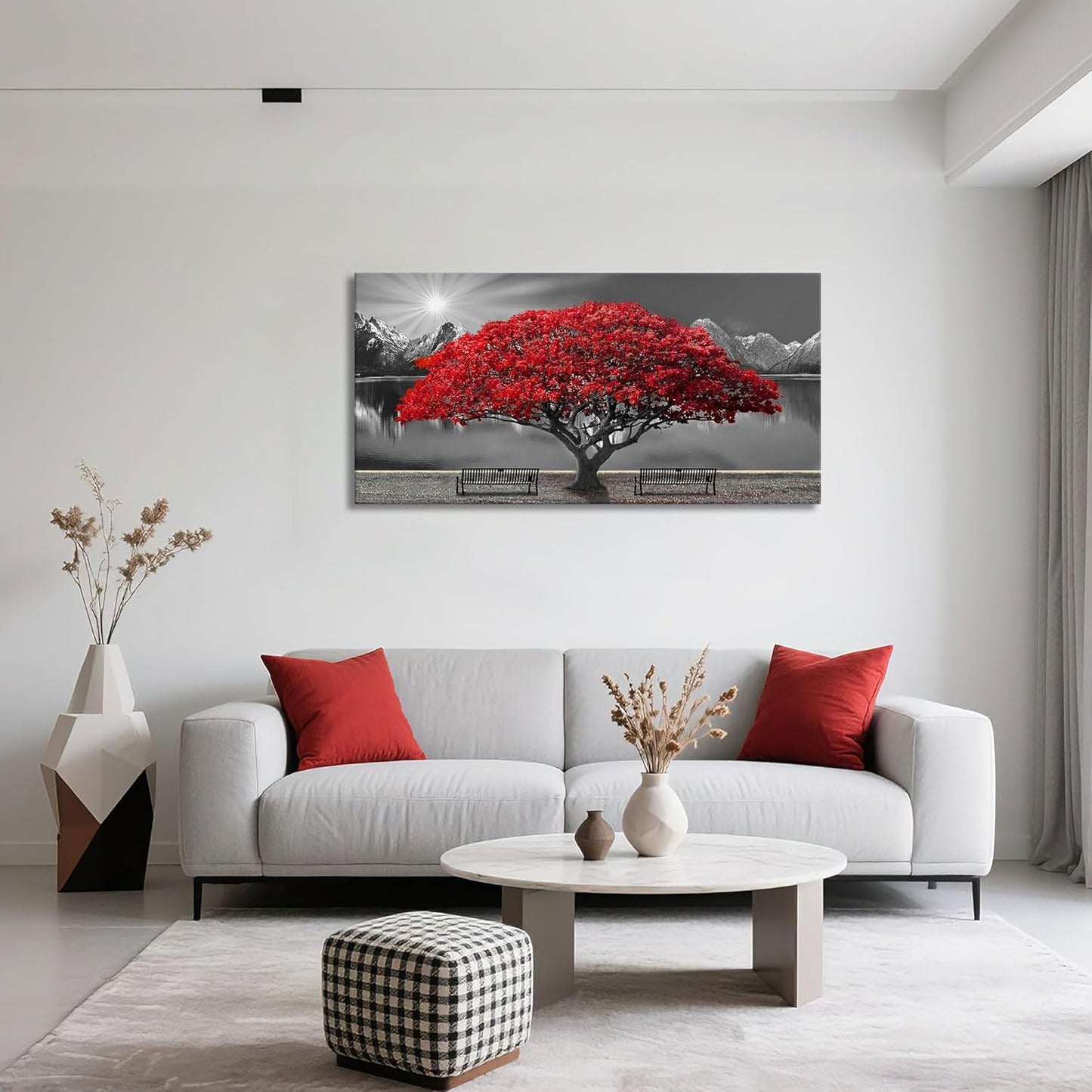 Black and White Red Tree Wall Art Canvas Print Picture Large Red Tree Landscape Modern Artwork for Living Room Bedroom Office Home Wall Decoration Decor With Frame 20x40in
