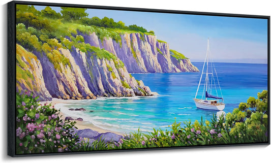 QZQCBLC Large Blue Wall Art, Purple Wildflowers Coastal Sailboat Mountain Canvas Pictures Modern Ocean Landscape Paintings Artwork for Living room Bedroom Home Office Framed Beach Decor 29x58