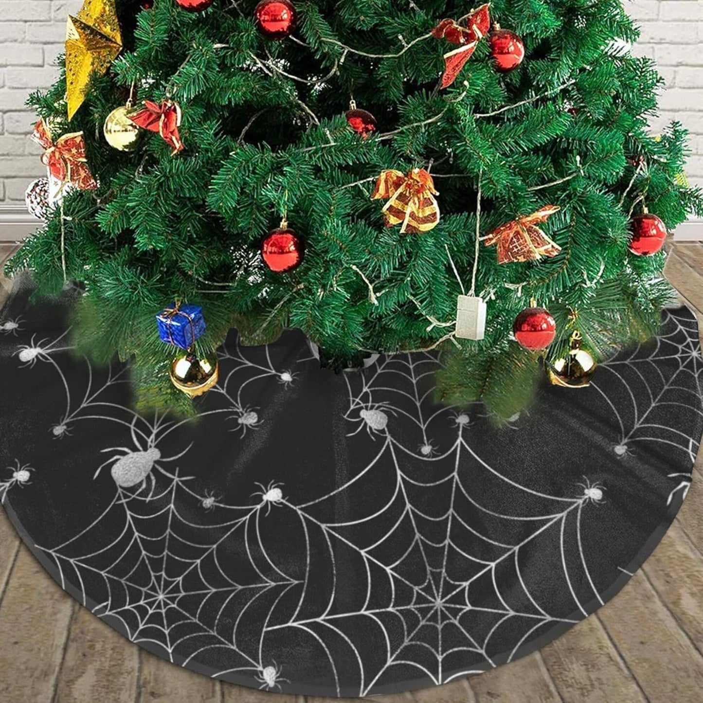 Christmas Tree Skirt,Sliver Spider Web Xmas Tree Skirt Rustic Farmhouse Tree Skirt for Christmas Decor Xmas Holiday Home Party Decorations36