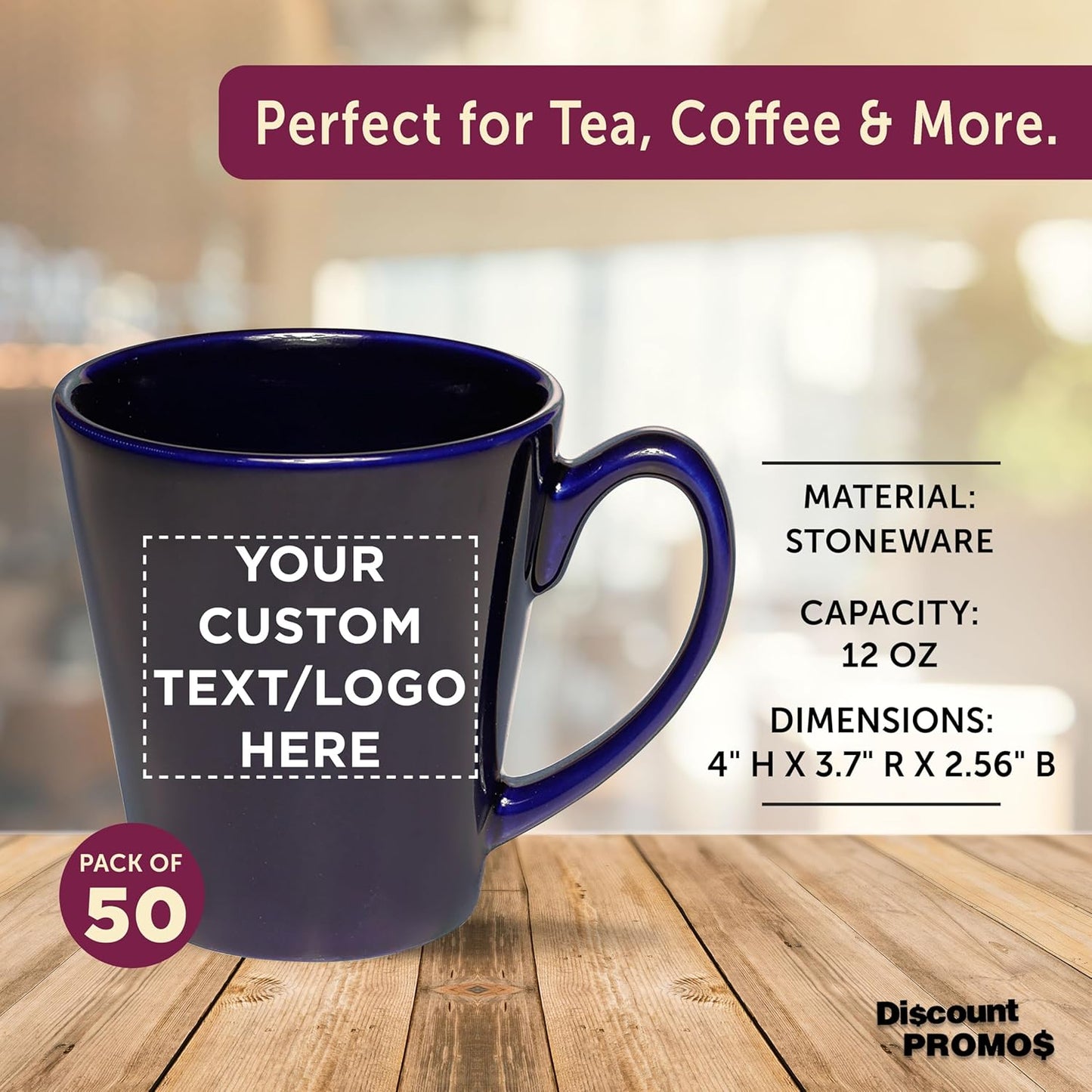 DISCOUNT PROMOS Custom Glossy Ceramic Latte Coffee Mug 12 oz. Set of 50, Personalized Bulk Pack - Perfect for Tea, Espresso, Cappuccino, Hot Cocoa - Blue