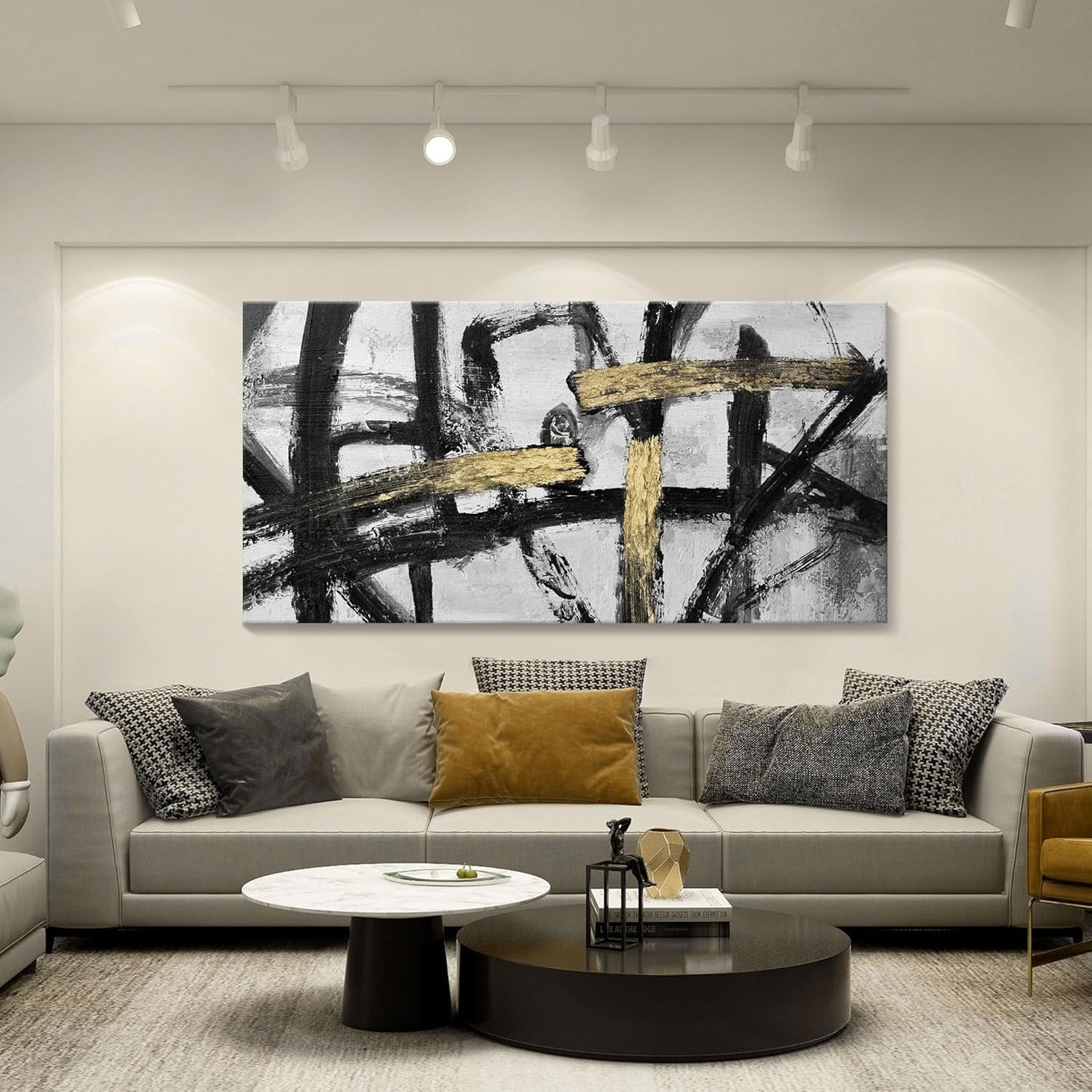 Abstract Living Room Wall Art - Large Black and White Gold Abstract Lines Bedroom Wall Decor Ink Dancing Canvas Prints Paintings for Dining Room Office Room Home Decor 29x58IN