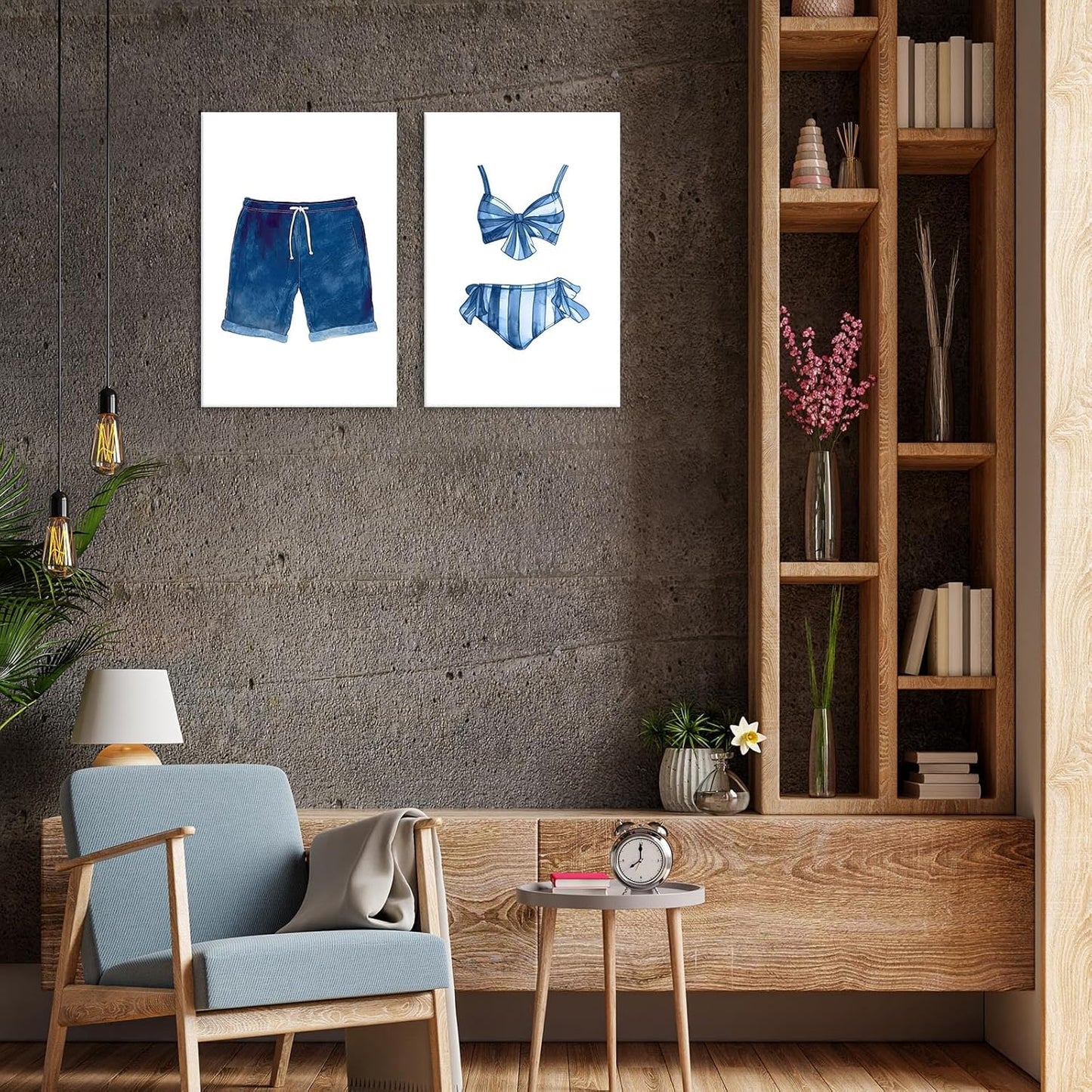 Liyark Set of 2 Retro Navy Blue And White Swimsuit Art Posters Beach Bathing Suit Prints Painting Beach House Wall Art Coastal Wall Decor Pictures For Bathroom Home Decoration 24x36in Framed