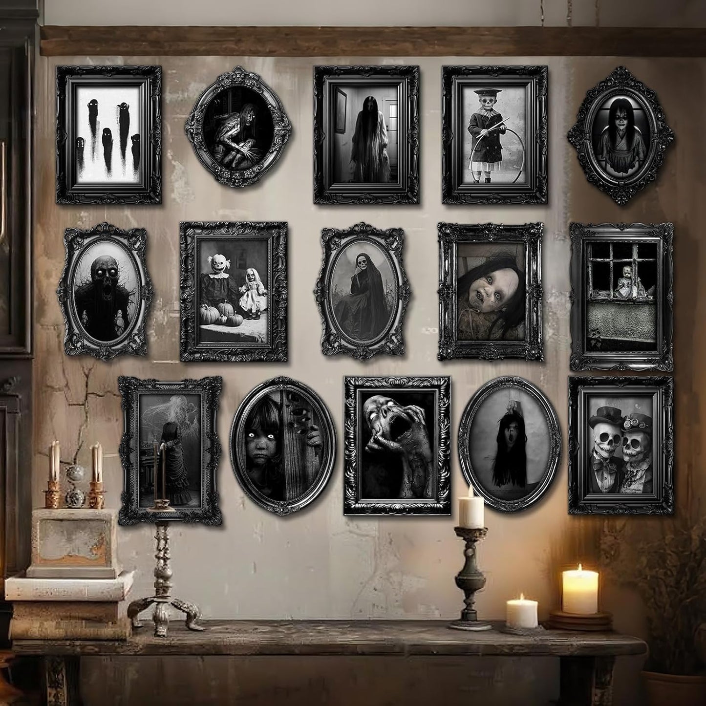 15 Halloween Gothic Creepy Skull Photos Haunted Horror Picture Frame, Waterproof Durable, with 80pcs Self Adhesive Dots Photo Decoration For Haunted Family Castle Masquerade Party 2025 Black