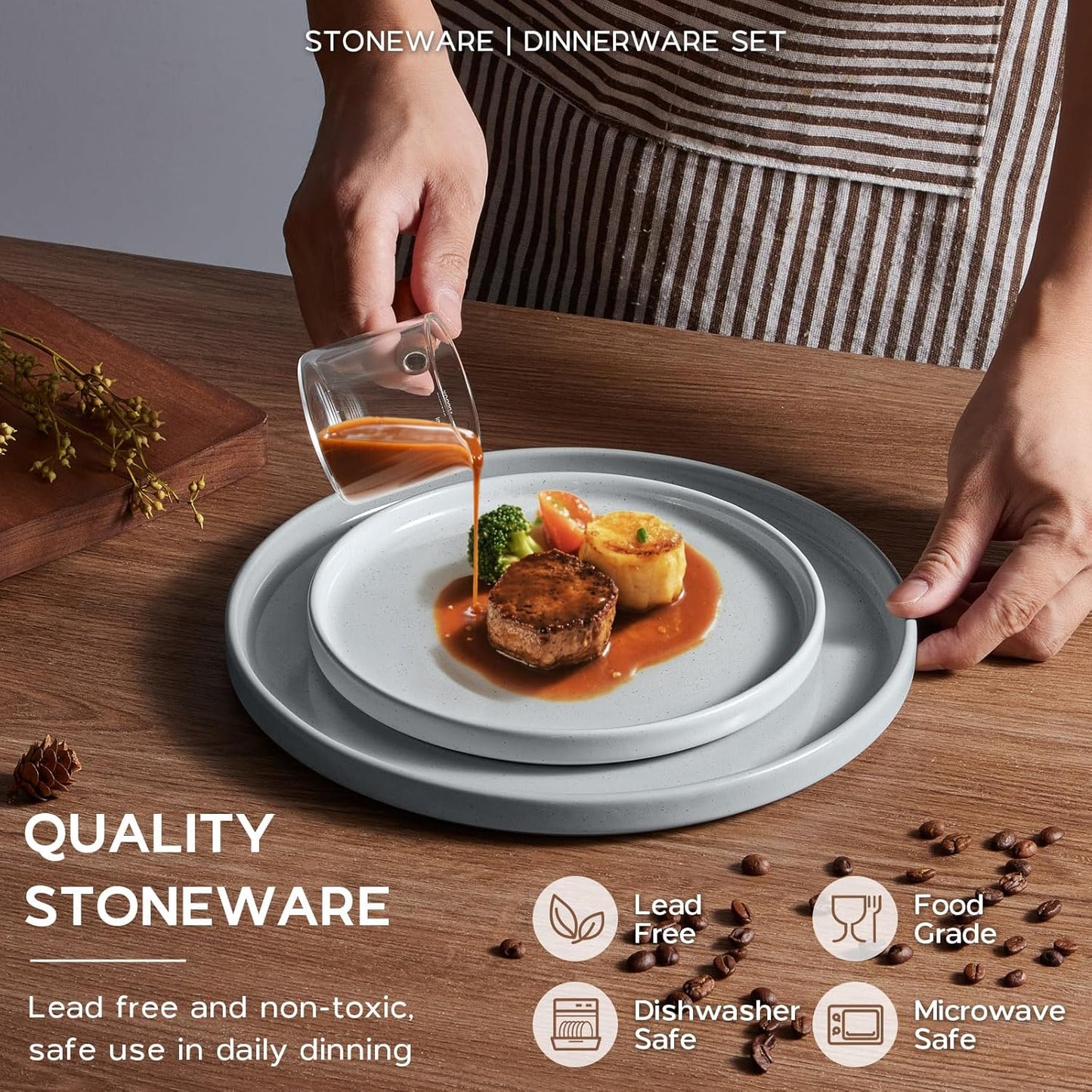 Onader Dinner Plates and Bowls Sets, 8 Pieces Stoneware Dinnerware Service for 2, Gray Ceramic Kitchen Dish Set, Speckled Dishware Dining Ware - Slate Gray