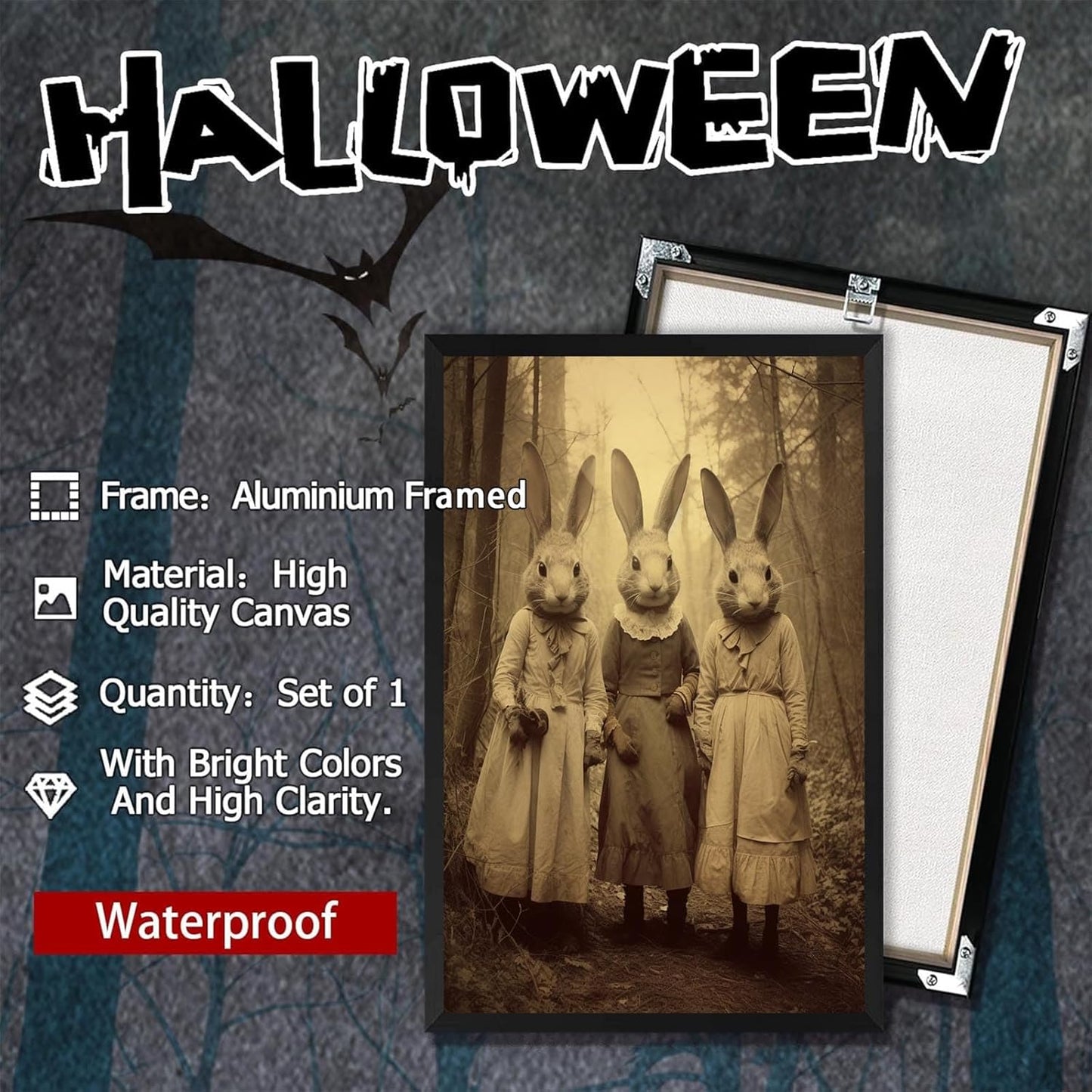 Vintage Horror Spooky Three Rabbits In Occult Forest Spooky Canvas Wall Art Poster Gothic Dark Academia Decorations Room Creepy Print Retro Halloween Wall Decor 24X36inch Aluminum Framed