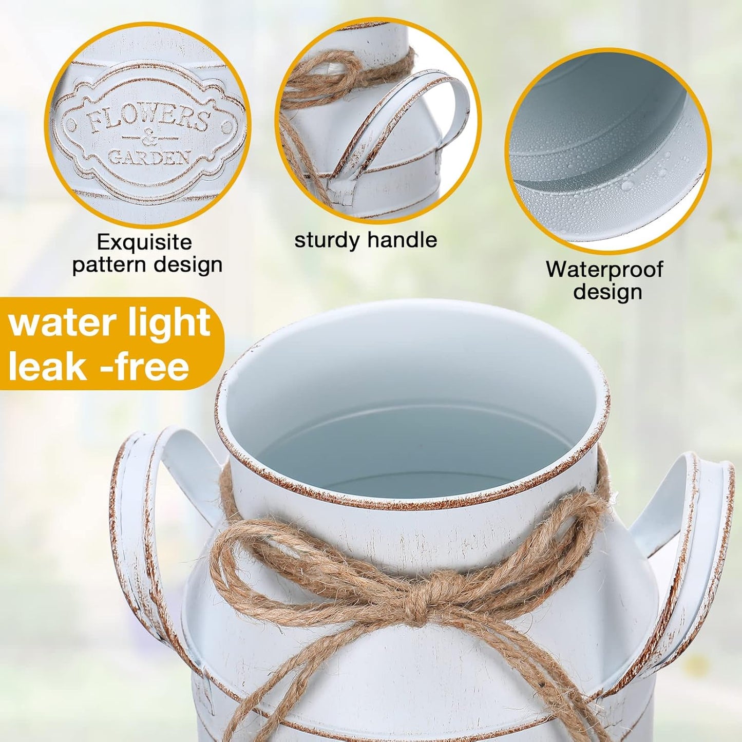 6 Inch Farmhouse Vase Decor Milk Can Vintage Flower Jug Galvanized Metal Vase with Handle Rustic Flower Buckets for Thanksgiving Christmas Table Centerpiece Weddings Gifts(Retro White,8 Pcs)