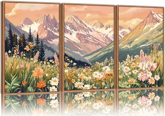 SIGNINART Vintage Floral Framed Canvas Wall Art Set, Large Mountains Nature Landscape Wall Decor, Bohemian Wildflower Forest Artwork, Pink Ridge Art Printing for Living Room Bedroom Office 16"x24"x3
