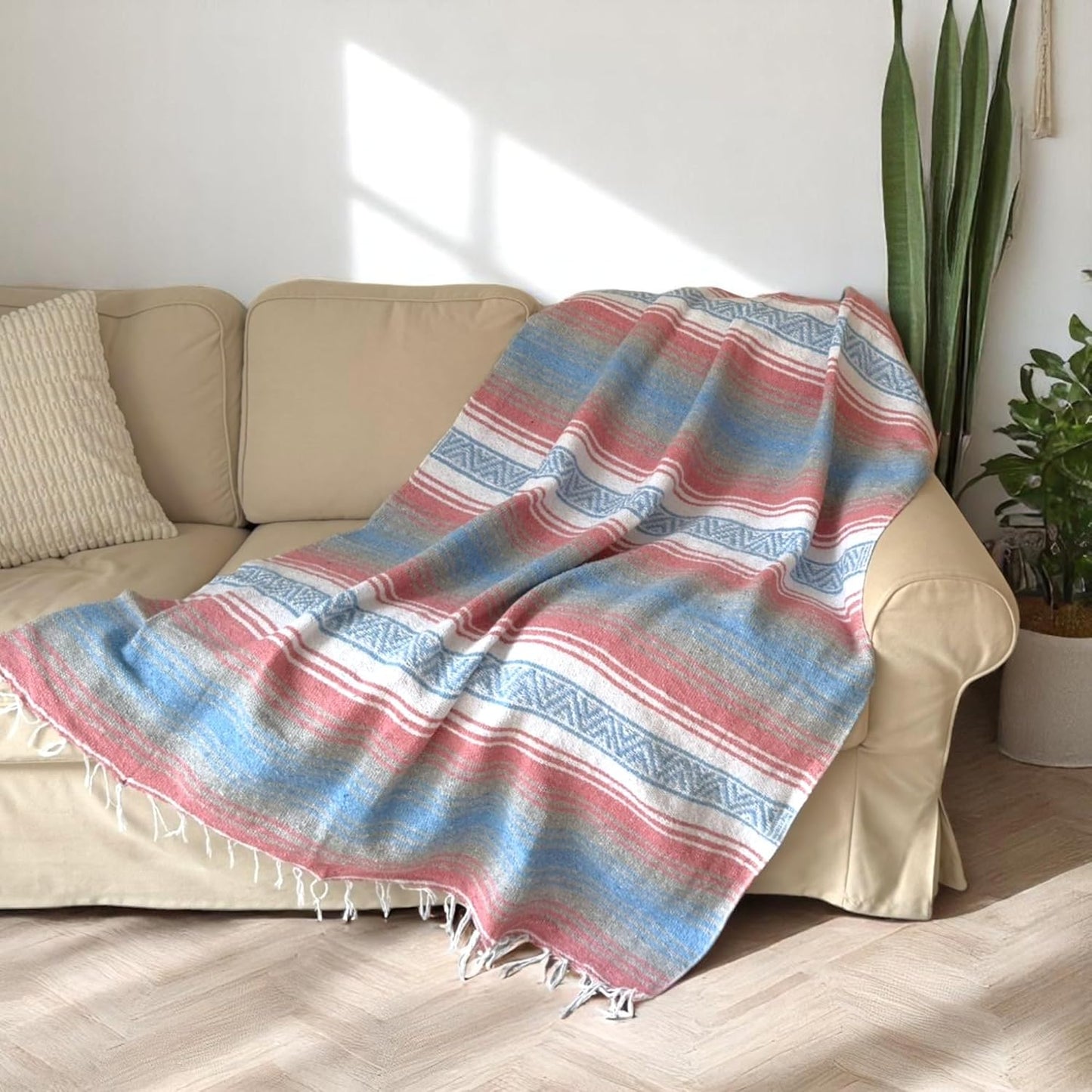 Traditional Handwoven Mexican Blanket, Large Falsa Serape - Soft & Durable - Vibrant Beach, Picnic, Yoga & Camping Mat - Lightweight Boho Throw 70"x50" (Bubblegum)