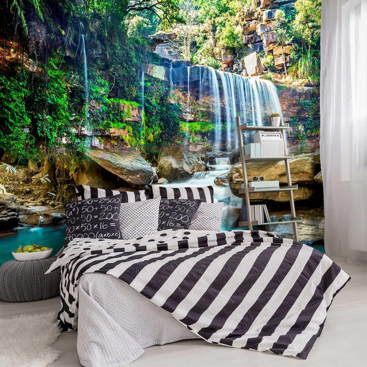 -Green Lake Waterfall Scenery Fabric Wallpaper Living Room Woodland Forest Mountain Bedroom Bathroom Large Wall Mural- 160"x108"（ not Peel and Stick）