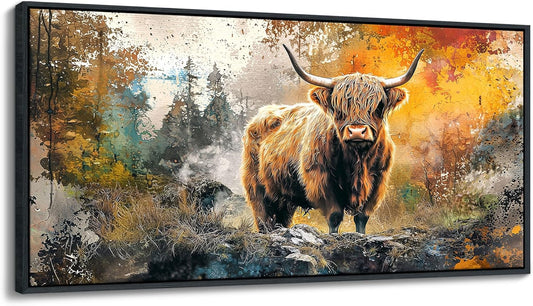 QZQCBLC Large Framed Wall Art, Vintage Rustic Abstract Landscape Canvas Wall Pictures Highland Cow Canvas Print Paintings Artwork for Living room Bedroom kitchen Home Office Decor 29x58 IN