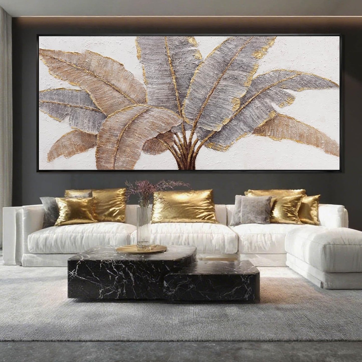 Gold Line Canvas Wall Art Leaves Wall Decor Modern Art Prints 32"x70" Bedroom Artwork for Wall Over Bed Art for Living Room