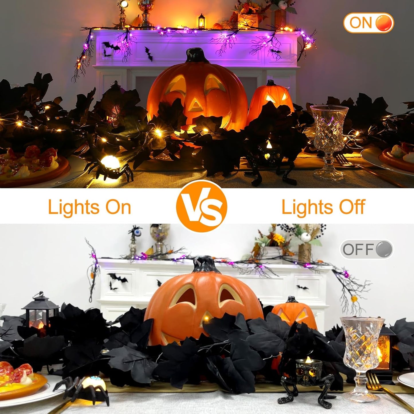 Joyhalo 2 Pack Halloween Garland with Lights, Black Maple Leaves Lighted Garland for Mantle, 5.7FT Light Up Leaf Autumn Vines Outdoor for Door Frame, Fireplace and Thanksgiving Fall Decor