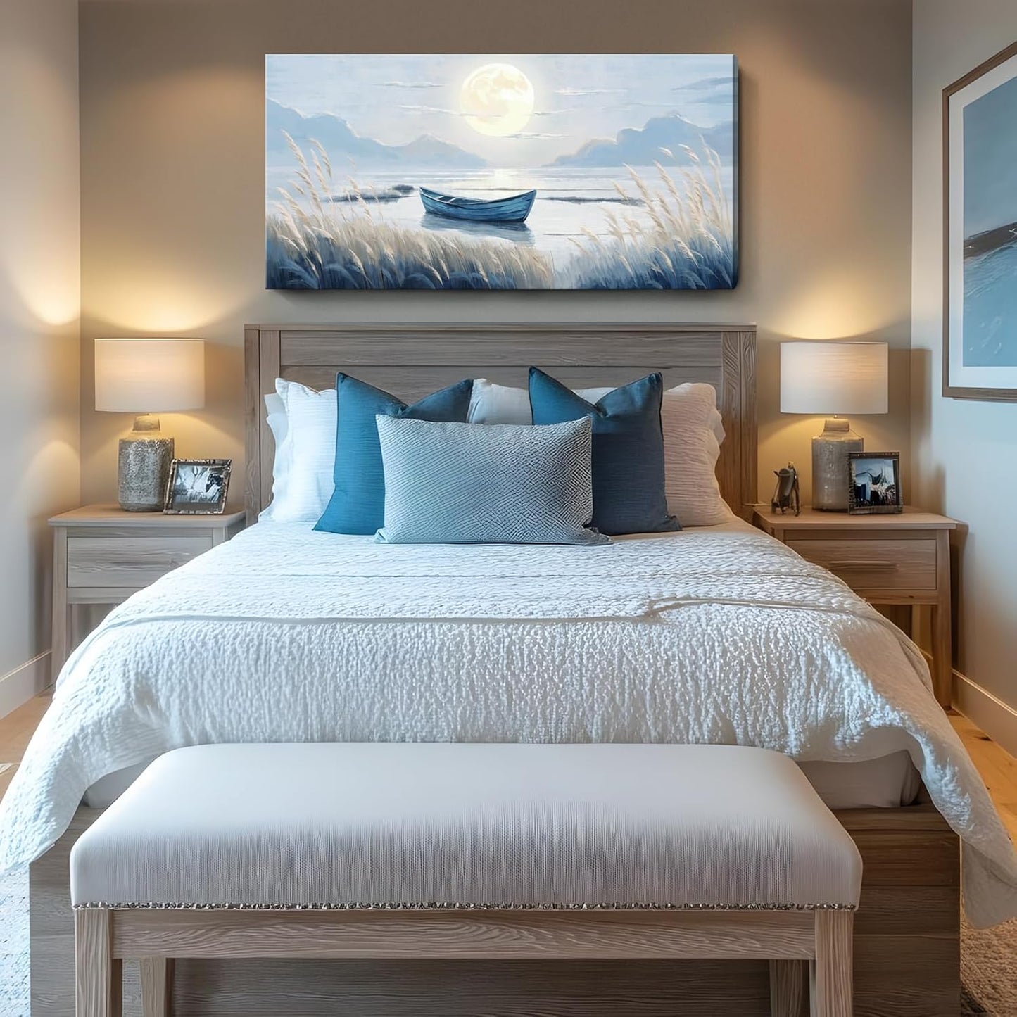 Oversized Large Living Room Wall Art, Blue Wall Decor for Bedroom, Modern Nautical Ocean Beach Seascape Nature Picture Sailboat Moon Lake Mountain Canvas Print Relaxing Serene Coastal Rustic Artwork