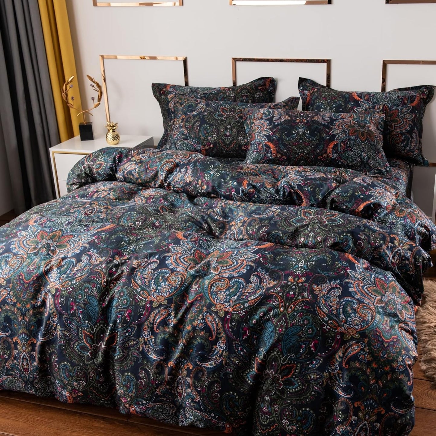 ABREEZE Luxury Vintage Black Duvet Cover Sets Damask Paisley Bedding Set Retro 100% Brushed Cotton Zipper Closure Bedding Collection King Size