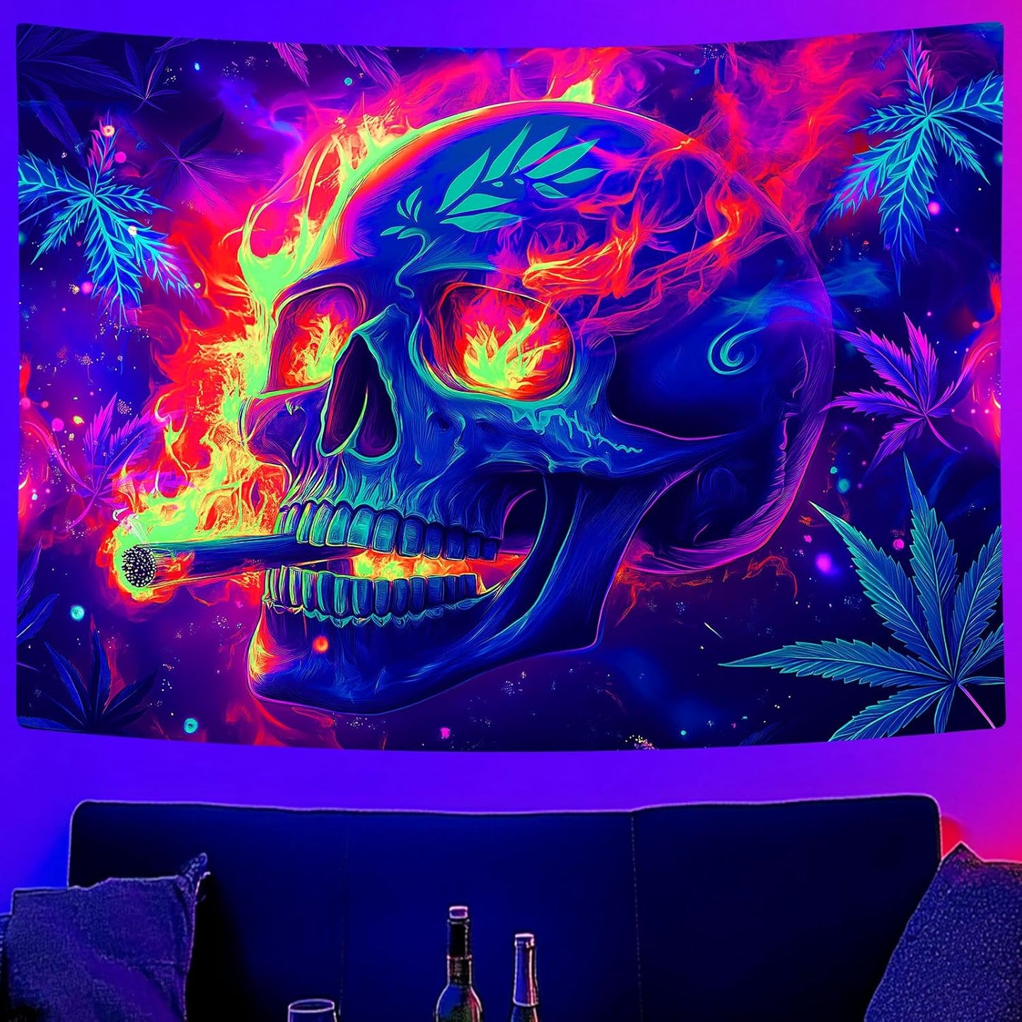 Blacklight Skeleton Tapestry, Glowing Skull UV Reactive Gothic Wall Hanging Tapestries, Glow in the Dark Grim Reaper Magic Horror Face Halloween Poster Tapestry for Bedroom Living Room Decor 60X51IN