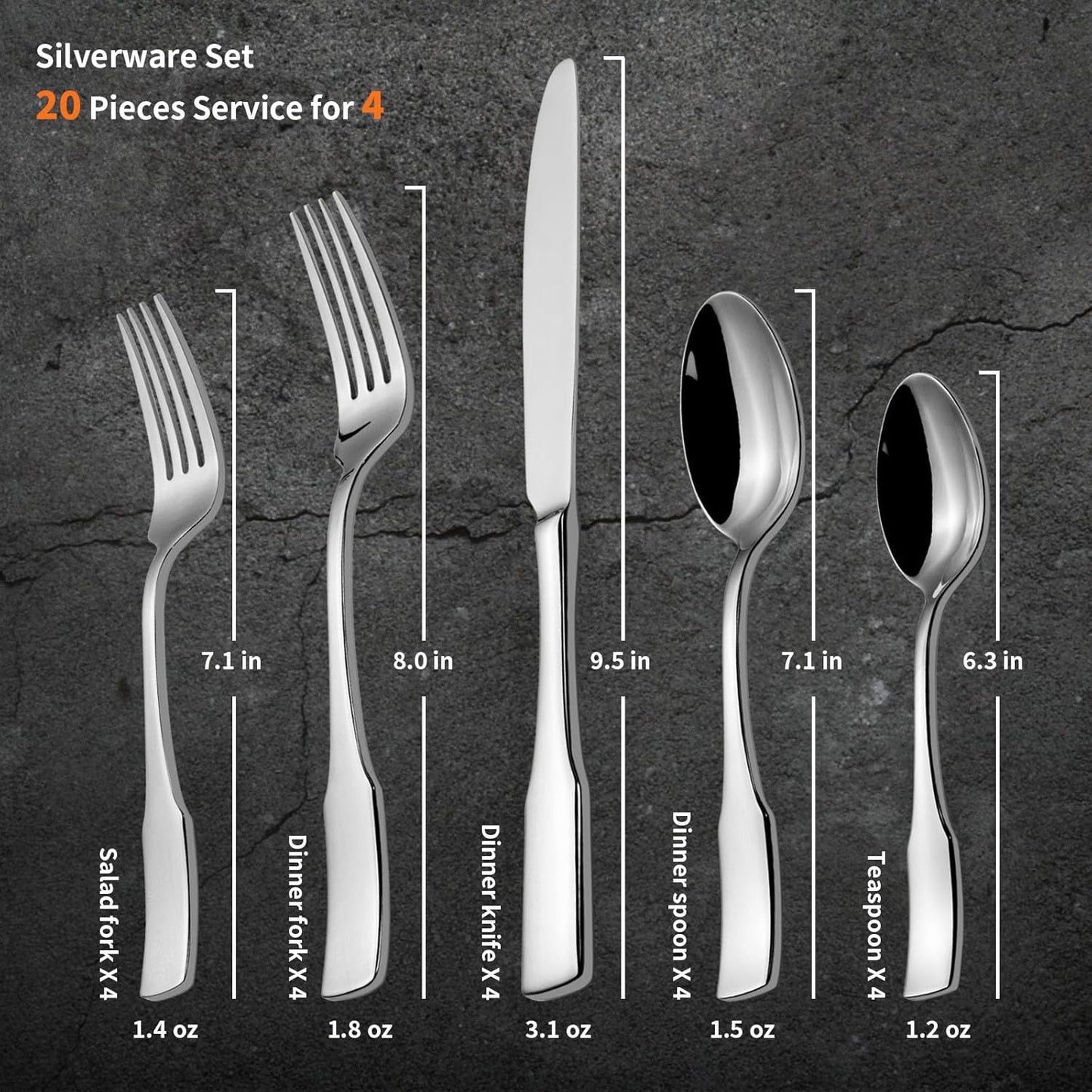 Alata Kate 20-Piece Silverware Set Stainless Steel Flatware Set,Service for 4,Mirror Polished Cutlery Set,Dishwasher Safe