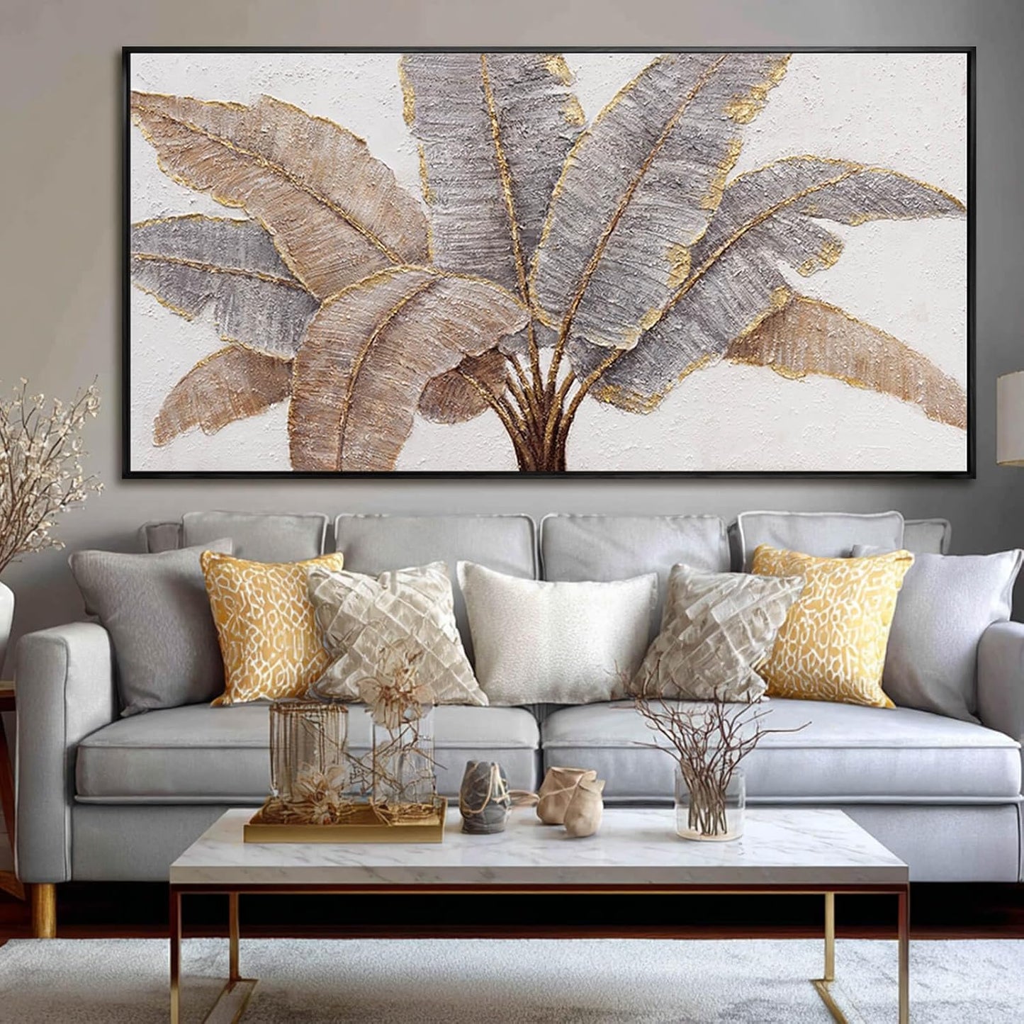 CHUDANHAO Botanical Wall Art Vintage Pictures Wall Decor Grey and Gold Photo Prints Line Wall Hangings 24"x48" Canvas Decorations for Bedroom Office