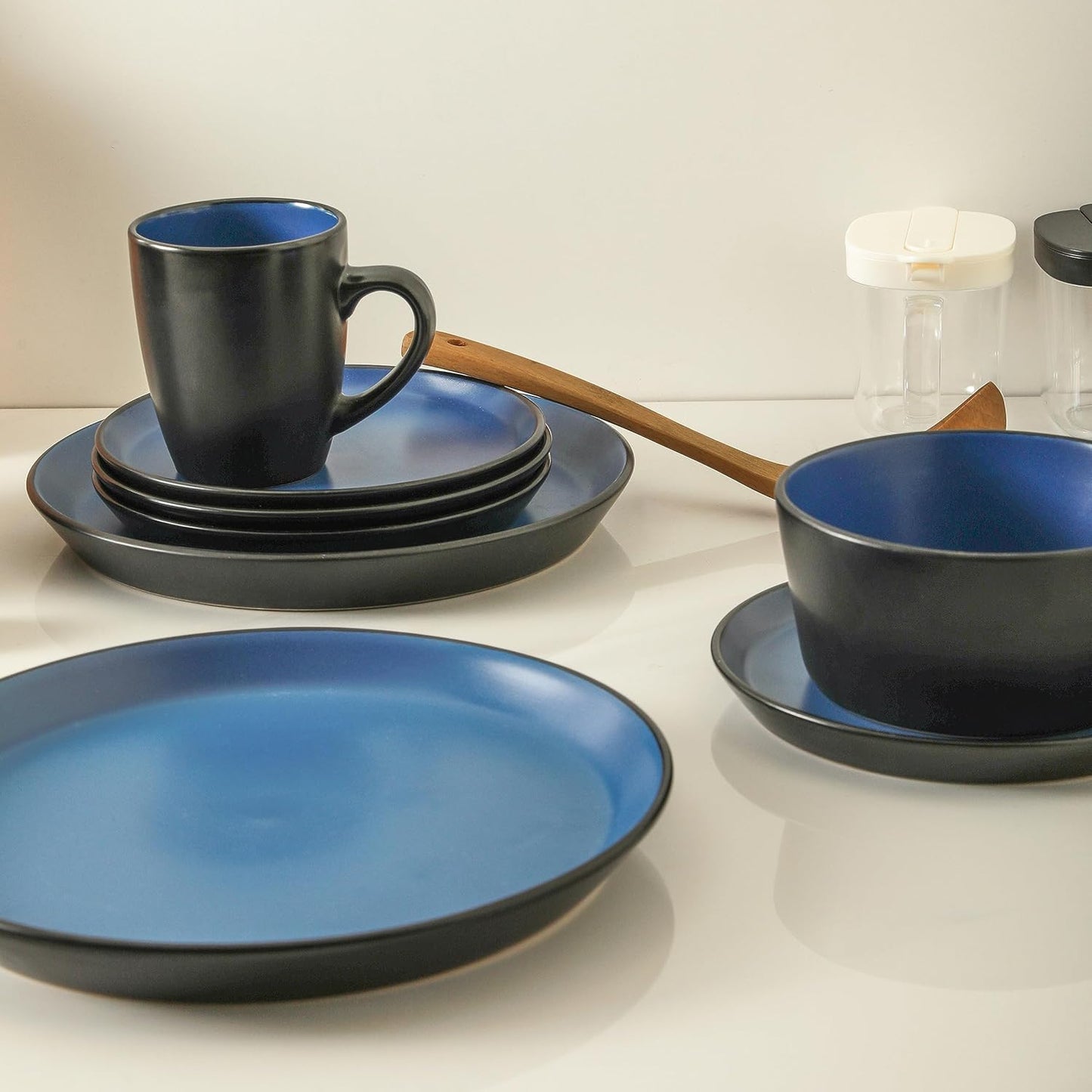 Stone Lain Albie Stoneware 32-Piece Modern Dinnerware Set, Kitchen Plates and Bowls Sets, Dish Set for 8, Blue and Black