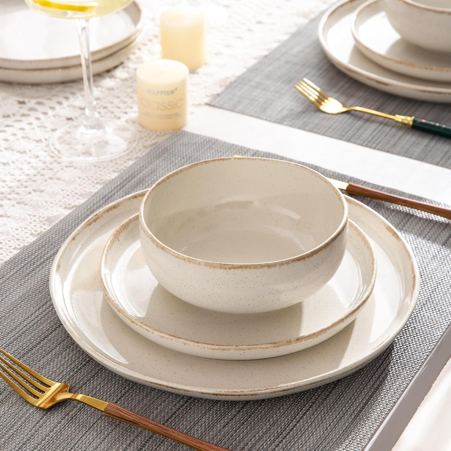 AmorArc Ceramic Dinnerware Sets, Wavy Rim Stoneware Plates and Bowls Sets, Highly Scratch Resistant | Dishwasher & Microwave Dishes set, Service for 8 (24pc)-Speckled Cappuccino