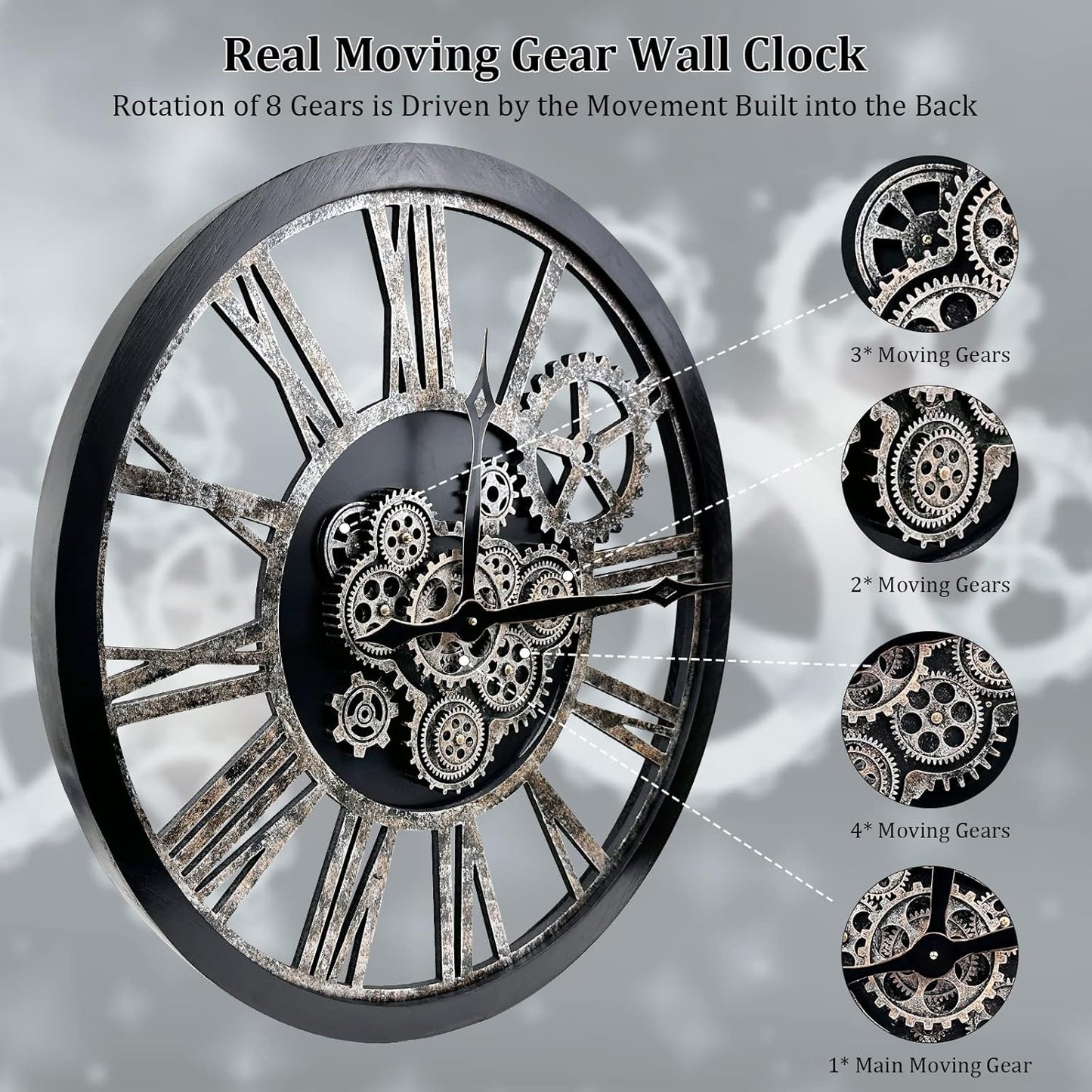 Large Wall Clock, Clocks for Living Room Decor Oversized 30 Inch Wall Decor Farmhouse Vintage Rustic Industrial Roman Big Chic Home Decor Wall Clock for House Bedroom Office, Moving Gears Clock