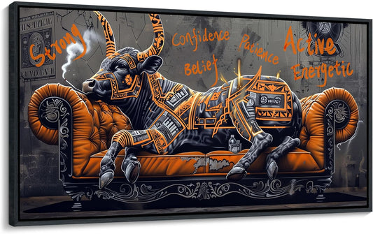 JEAWA Framed Canvas Wall Art - Creative Wall Art for Bedroom Living Room Bathroom, Modern Artwork Decor for Home Decoration, Strong Bull Color Graffiti, 24x48 IN