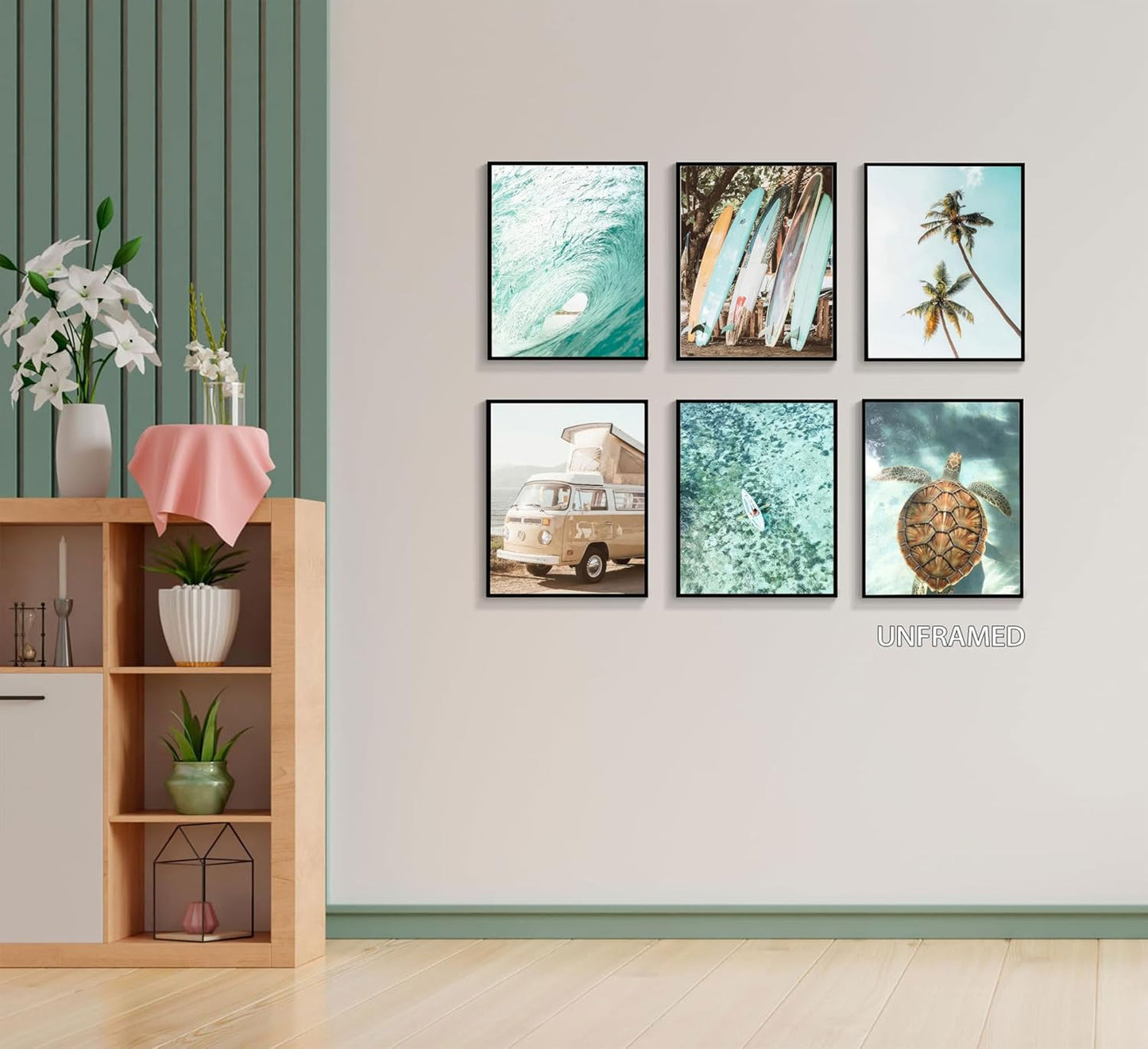 EVPYXFUT Set of 6 Tropical Beach Canvas Wall Art Surf Poster Summer Ocean Coastal Pictures Turtle Print Palm Tree Surfboard Gallery Paintings Nautical Bus Wall Decor for Bedroom Bathroom Unframed