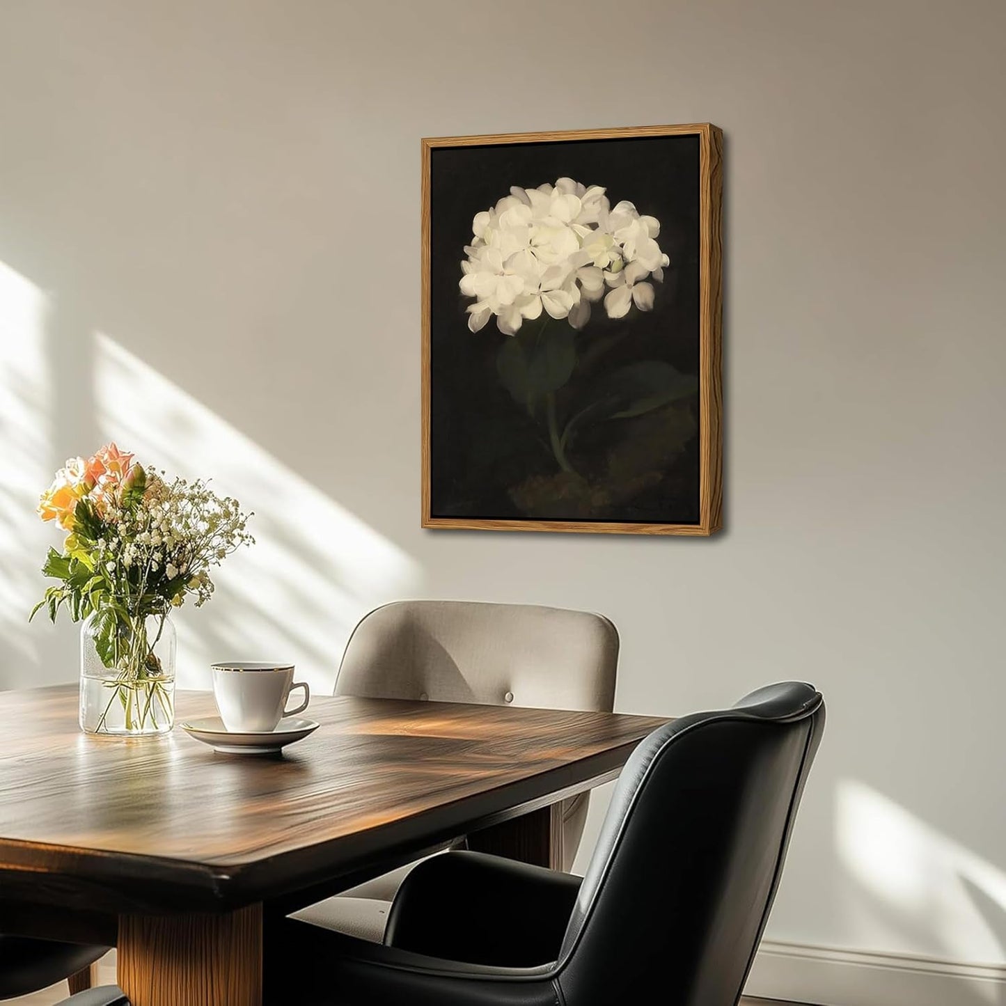 Framed Wall Art for Living Room – Vintage White Hydrangea Oil Painting Canvas Prints, Aesthetic Bedroom Wall Art, Kitchen Decor for Shelves, Bathroom Office Artwork Wall Decor – 12x16in