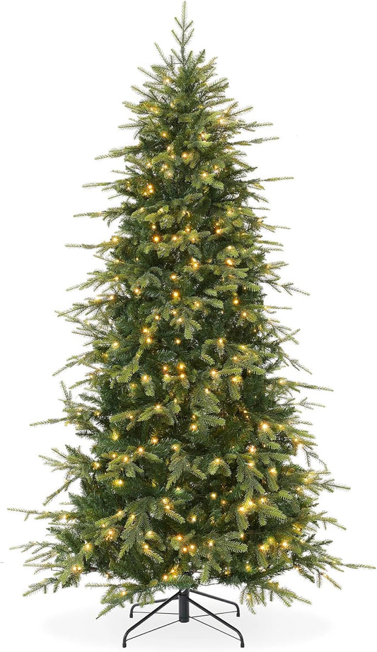 Casafield 6.5FT Pre-Lit Slim Green Aspen Fir Artificial Holiday Christmas Tree with White & Multicolored LED Lights, Realistic Noble Fir with Metal Stand